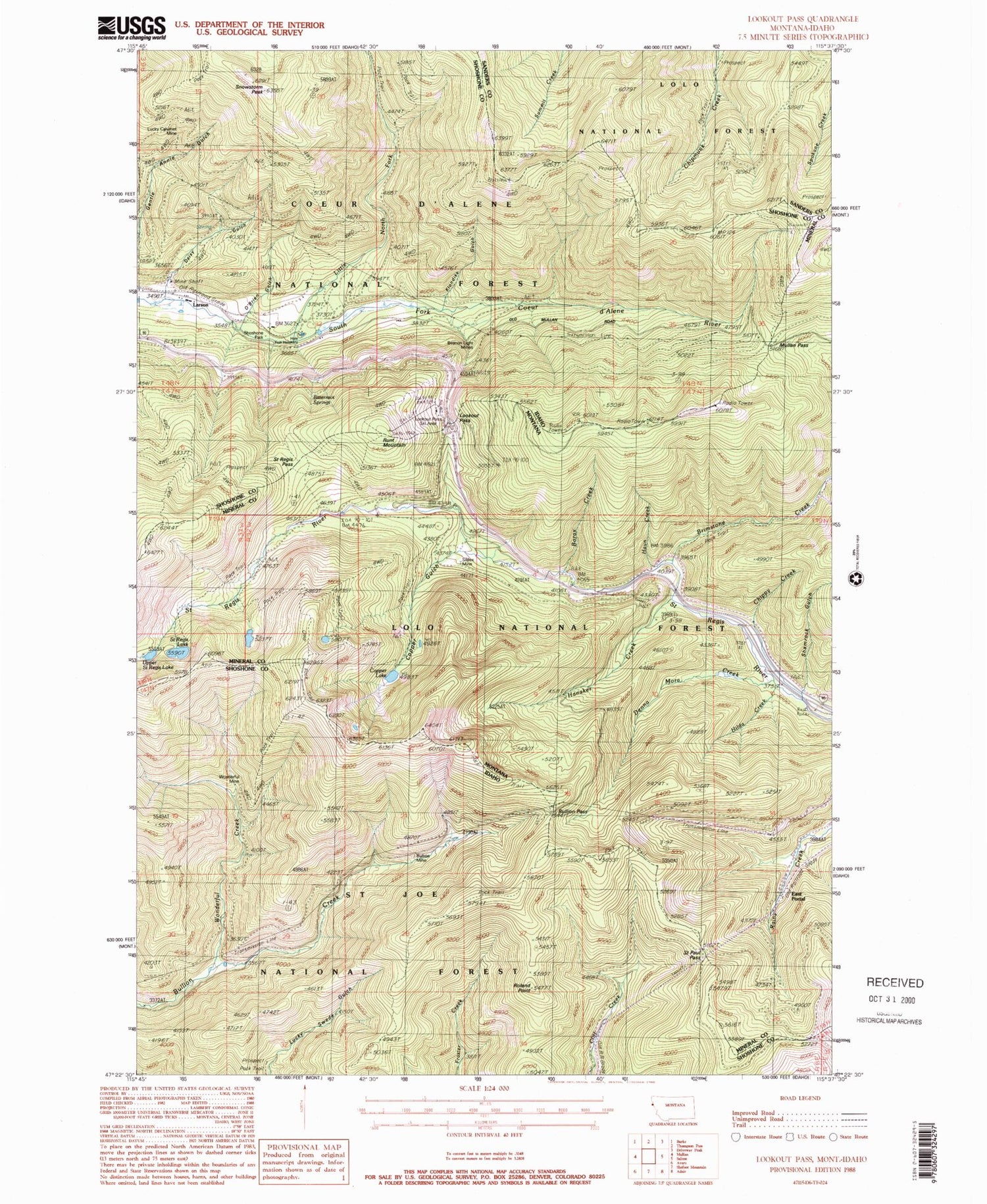 Classic USGS Lookout Pass Montana 7.5'x7.5' Topo Map Image