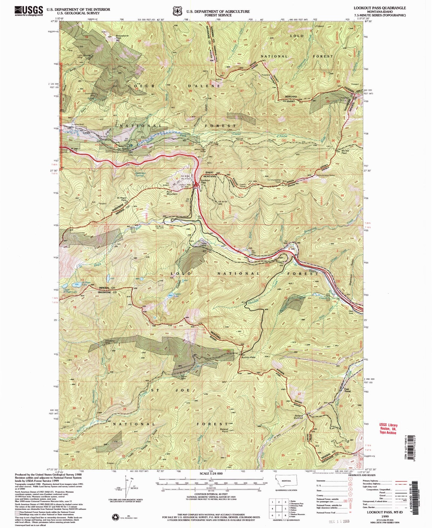 Classic USGS Lookout Pass Montana 7.5'x7.5' Topo Map Image