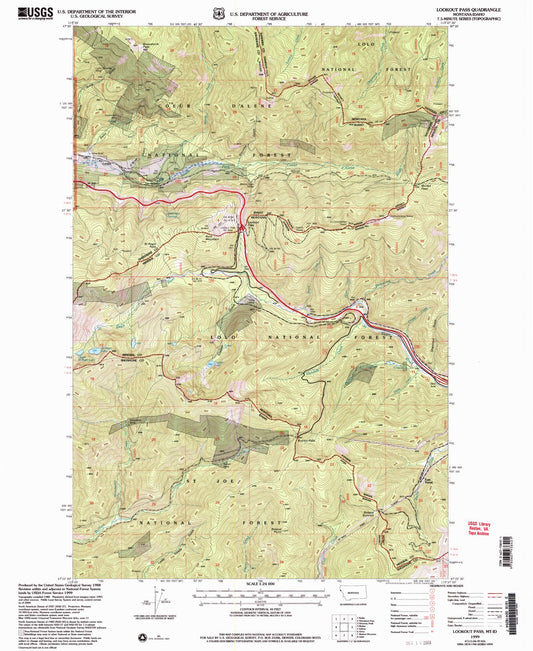 Classic USGS Lookout Pass Montana 7.5'x7.5' Topo Map Image