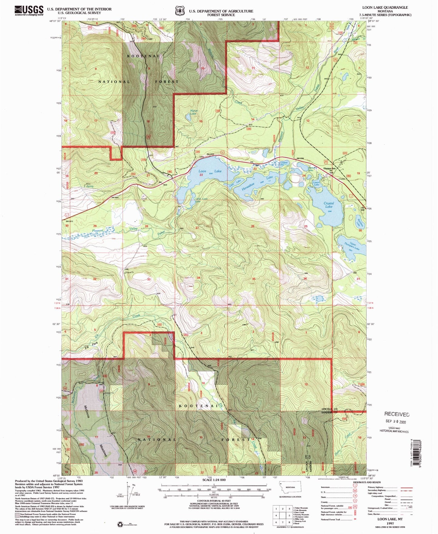 Classic USGS Loon Lake Montana 7.5'x7.5' Topo Map Image