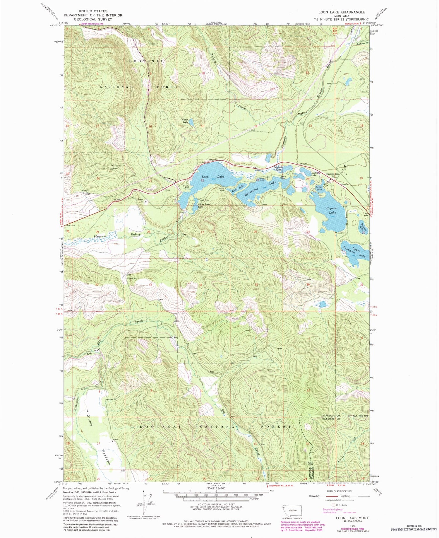 Classic USGS Loon Lake Montana 7.5'x7.5' Topo Map Image