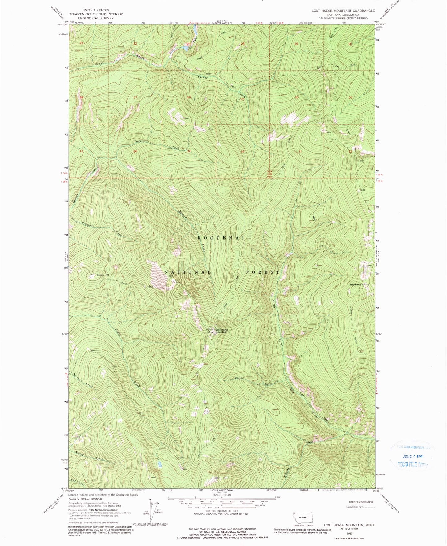 Classic USGS Lost Horse Mountain Montana 7.5'x7.5' Topo Map Image