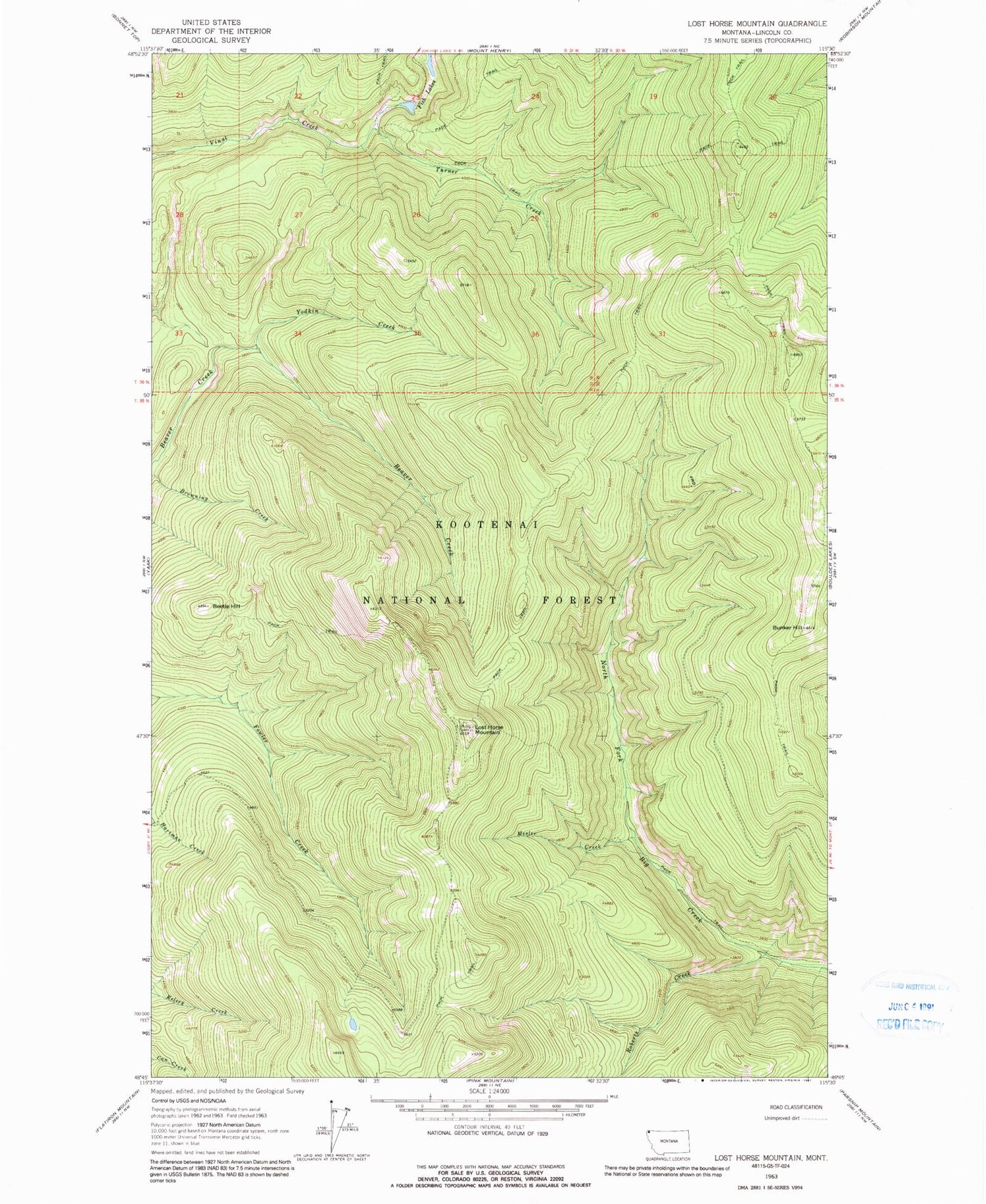 Classic USGS Lost Horse Mountain Montana 7.5'x7.5' Topo Map Image