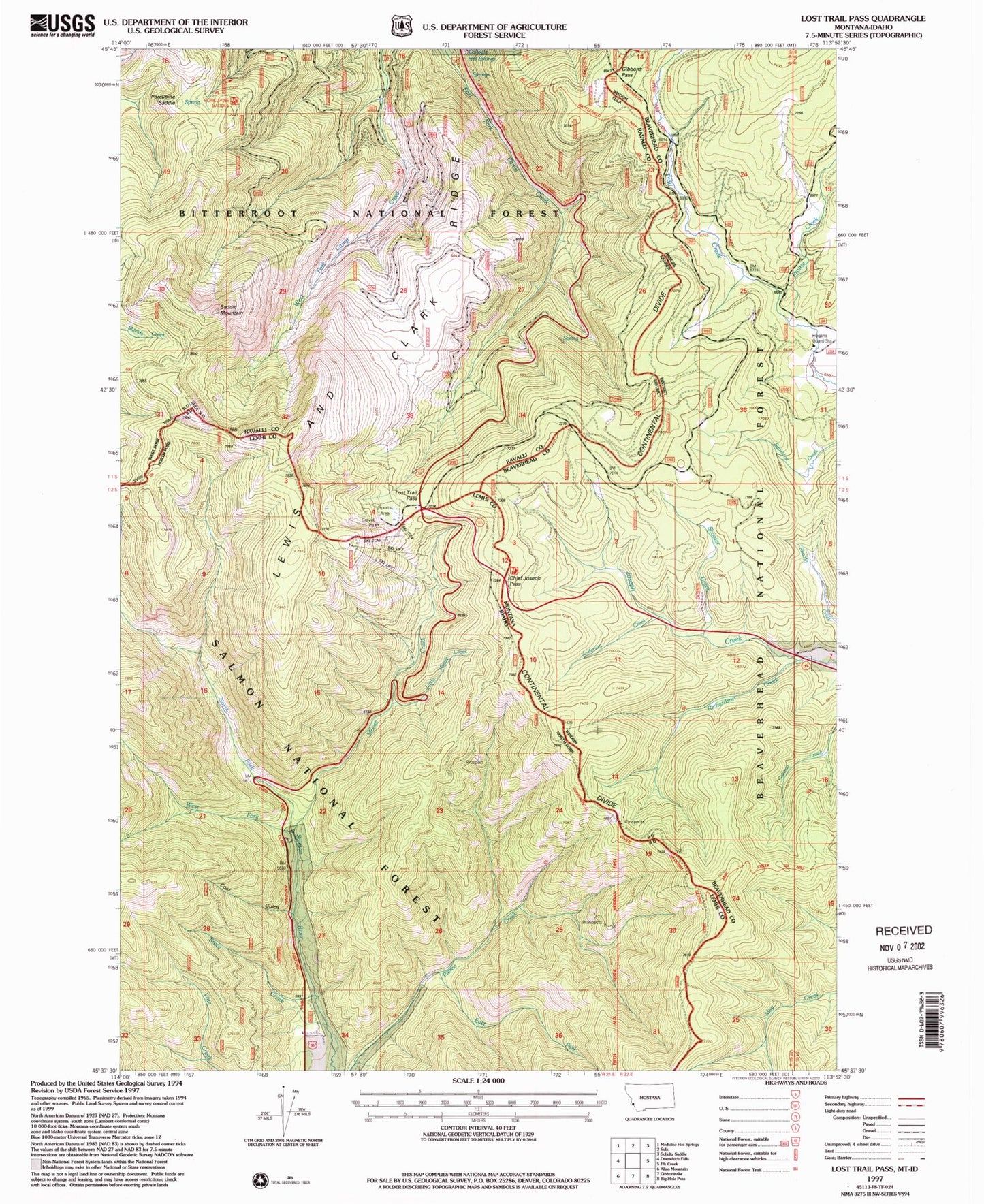 Classic USGS Lost Trail Pass Montana 7.5'x7.5' Topo Map Image