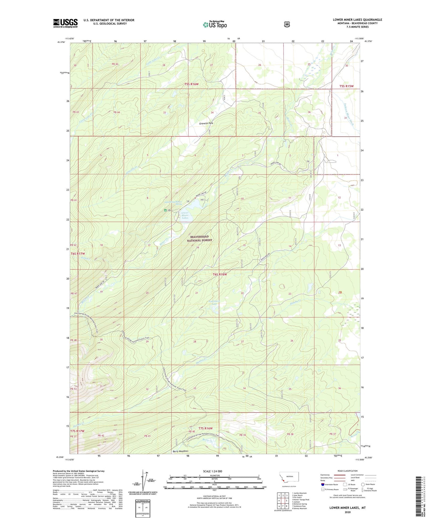 Lower Miner Lakes Montana US Topo Map Image