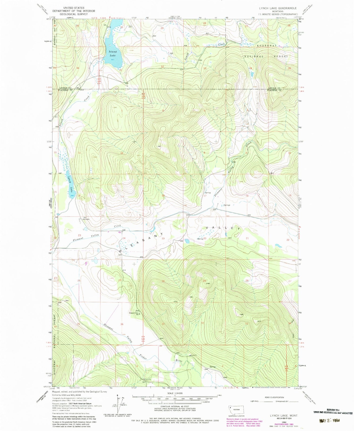 Classic USGS Lynch Lake Montana 7.5'x7.5' Topo Map Image