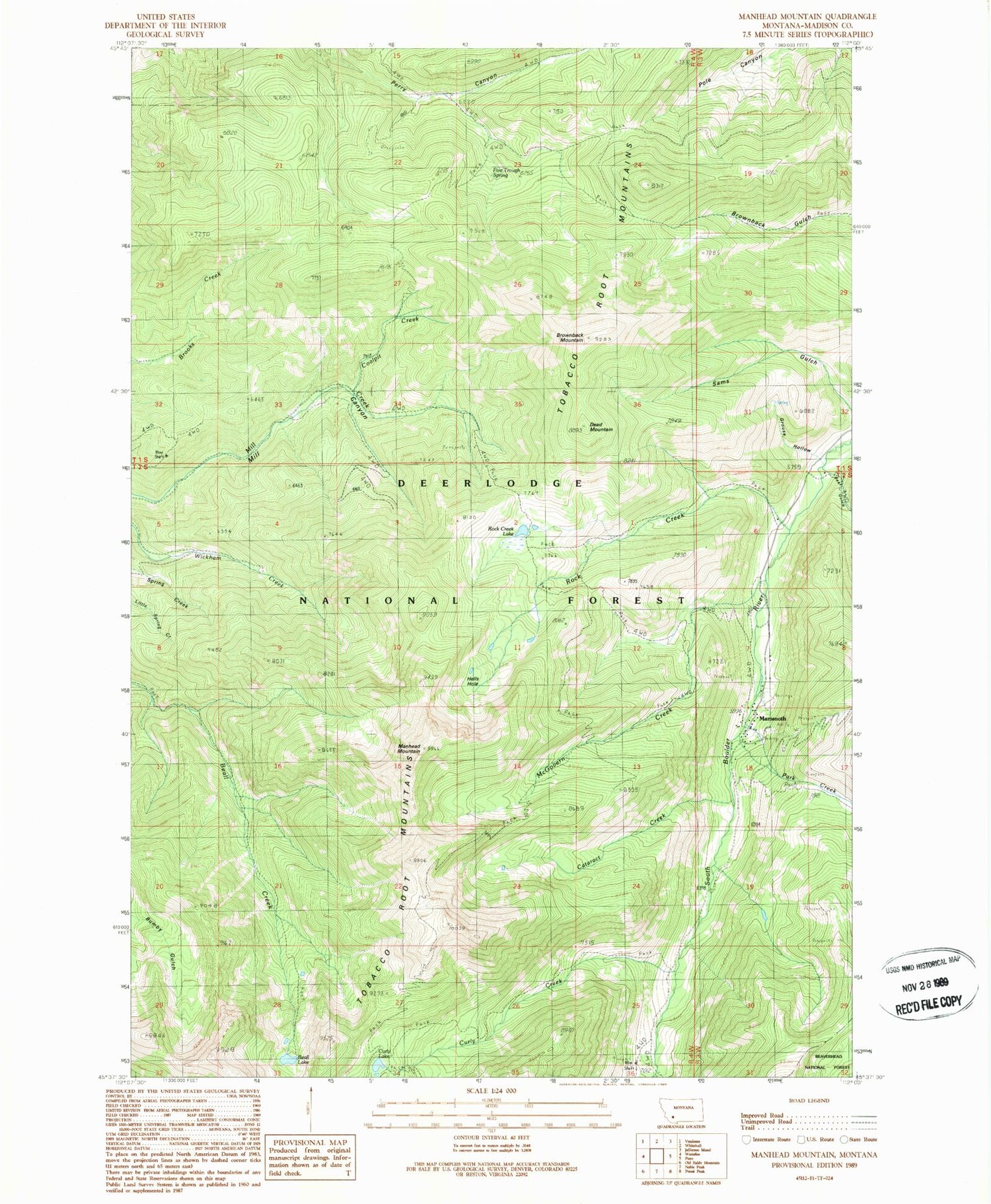 Classic USGS Manhead Mountain Montana 7.5'x7.5' Topo Map Image