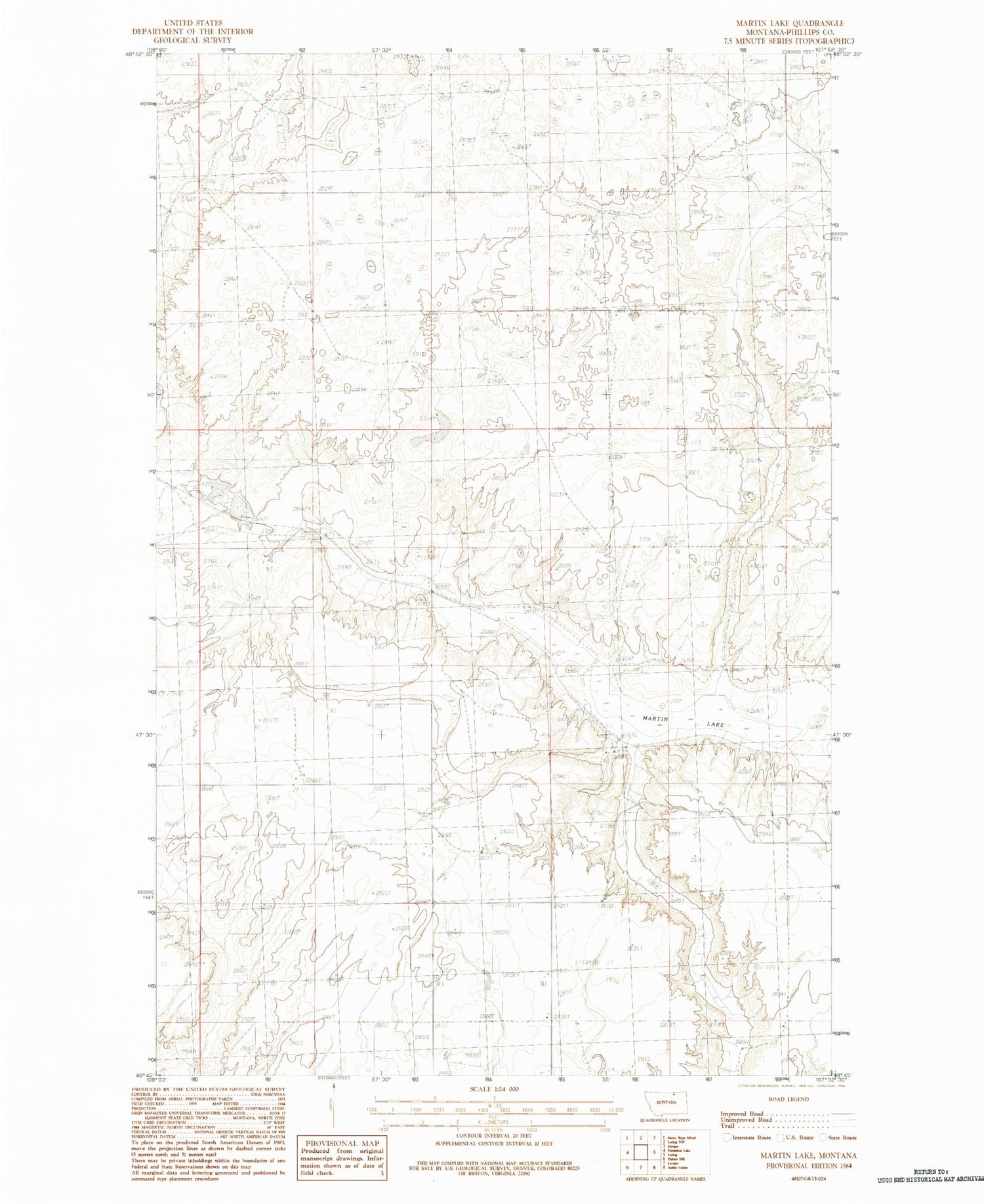 Classic USGS Martin Lake Montana 7.5'x7.5' Topo Map Image