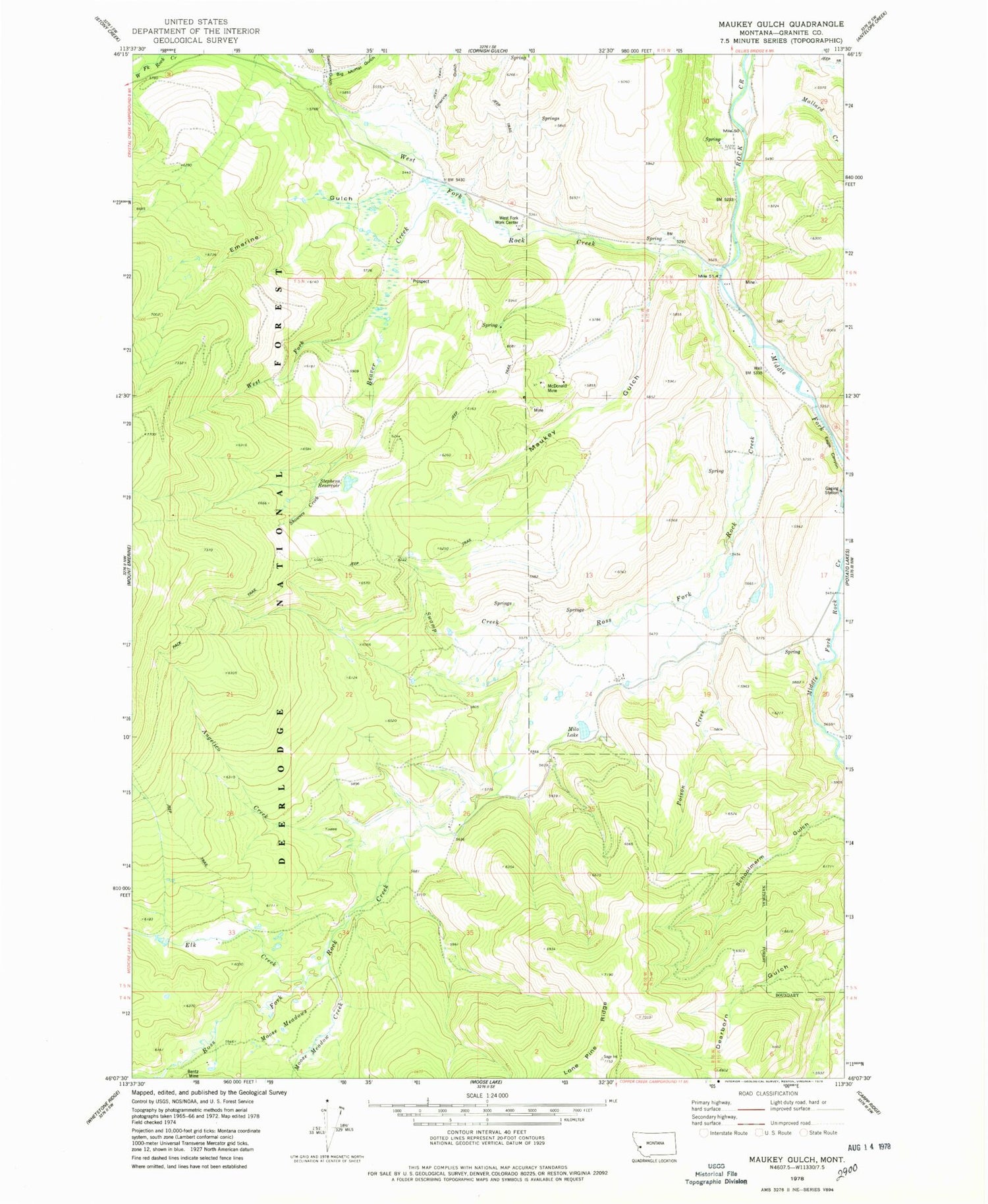 Classic USGS Maukey Gulch Montana 7.5'x7.5' Topo Map Image
