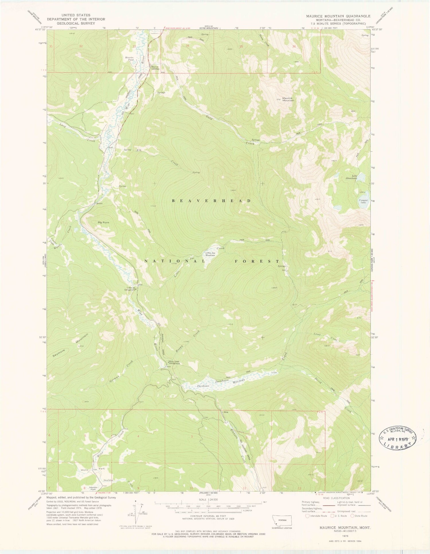 Classic USGS Maurice Mountain Montana 7.5'x7.5' Topo Map Image
