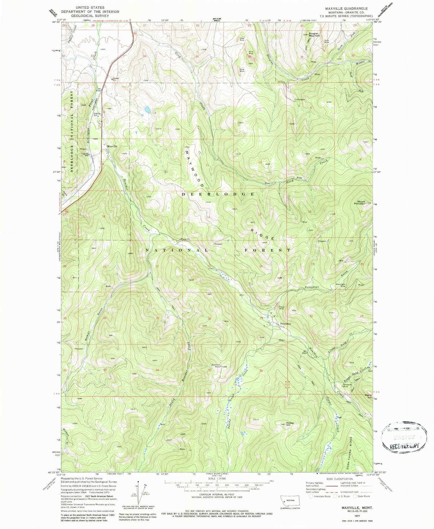 Classic USGS Maxville Montana 7.5'x7.5' Topo Map Image