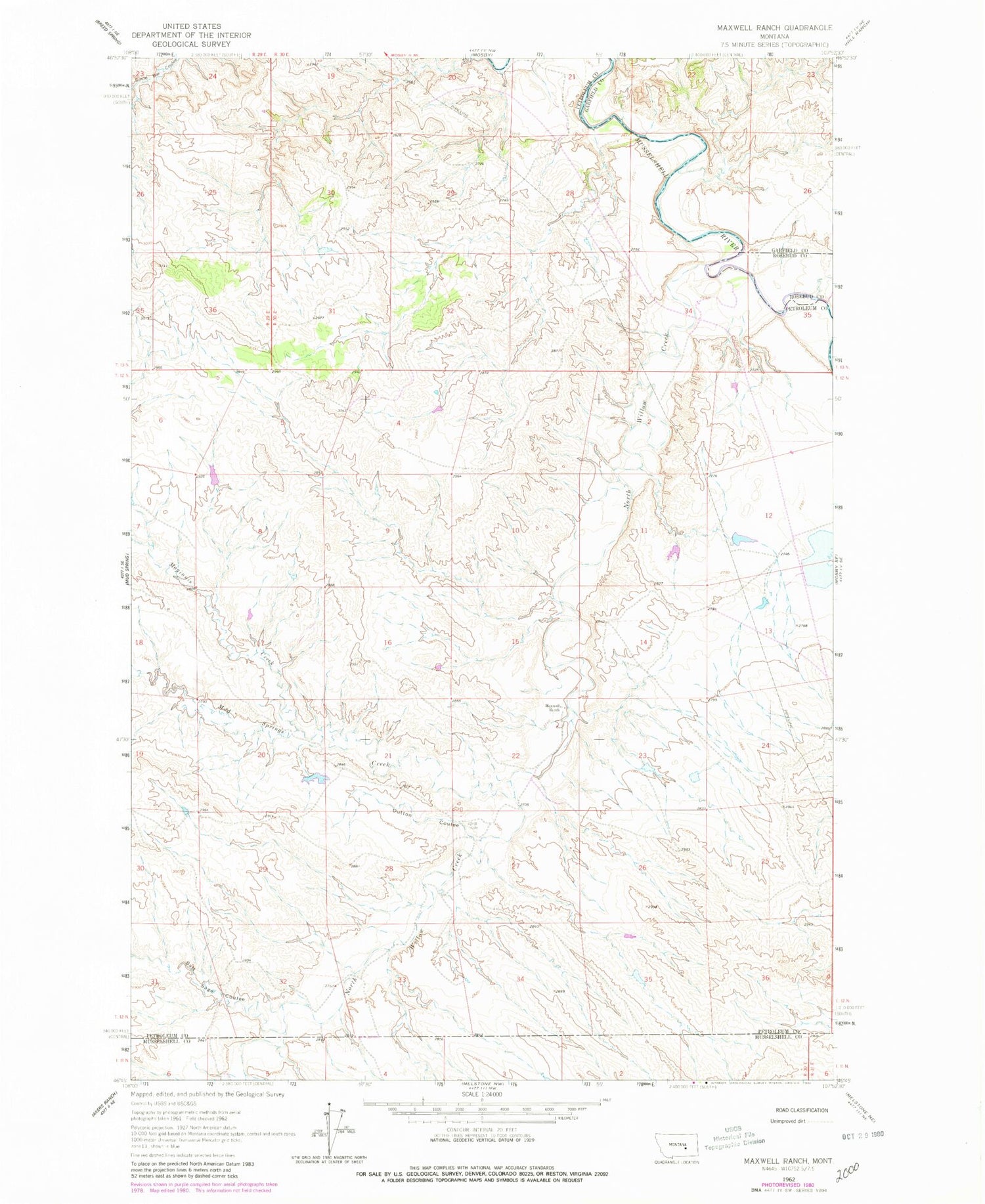 Classic USGS Maxwell Ranch Montana 7.5'x7.5' Topo Map Image