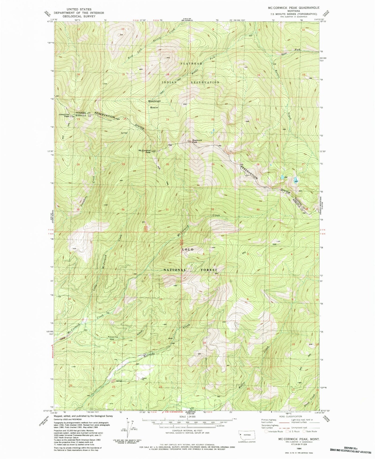Classic USGS McCormick Peak Montana 7.5'x7.5' Topo Map Image