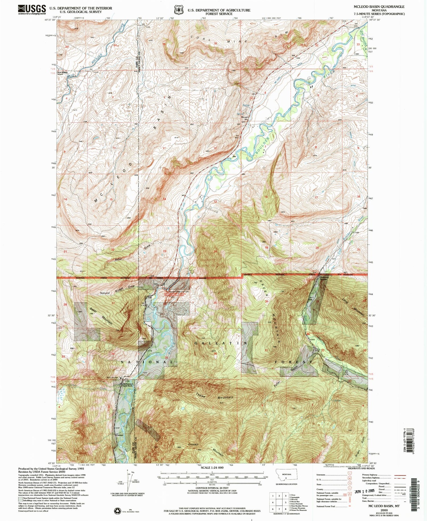 Classic USGS McLeod Basin Montana 7.5'x7.5' Topo Map Image
