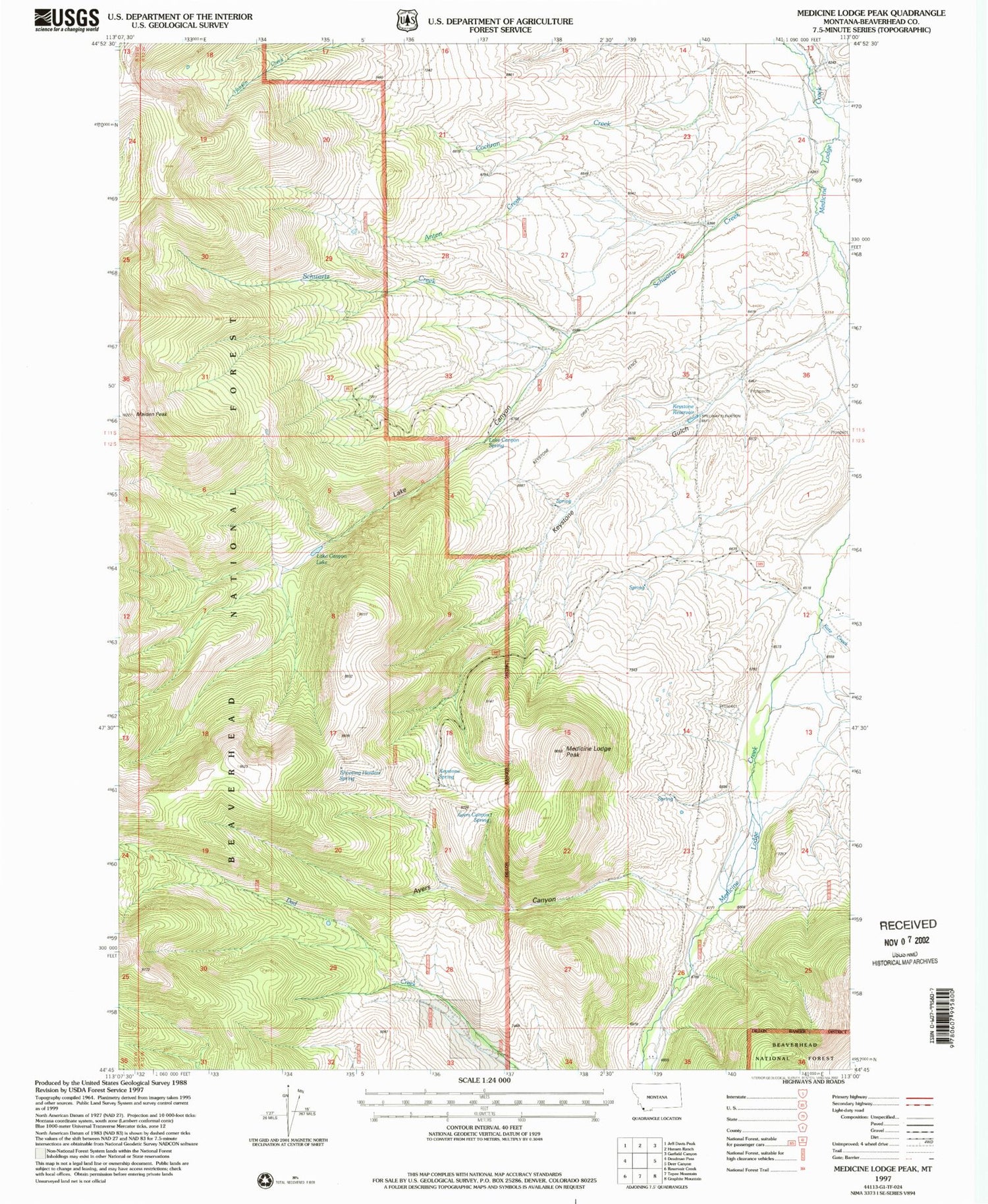 Classic USGS Medicine Lodge Peak Montana 7.5'x7.5' Topo Map Image