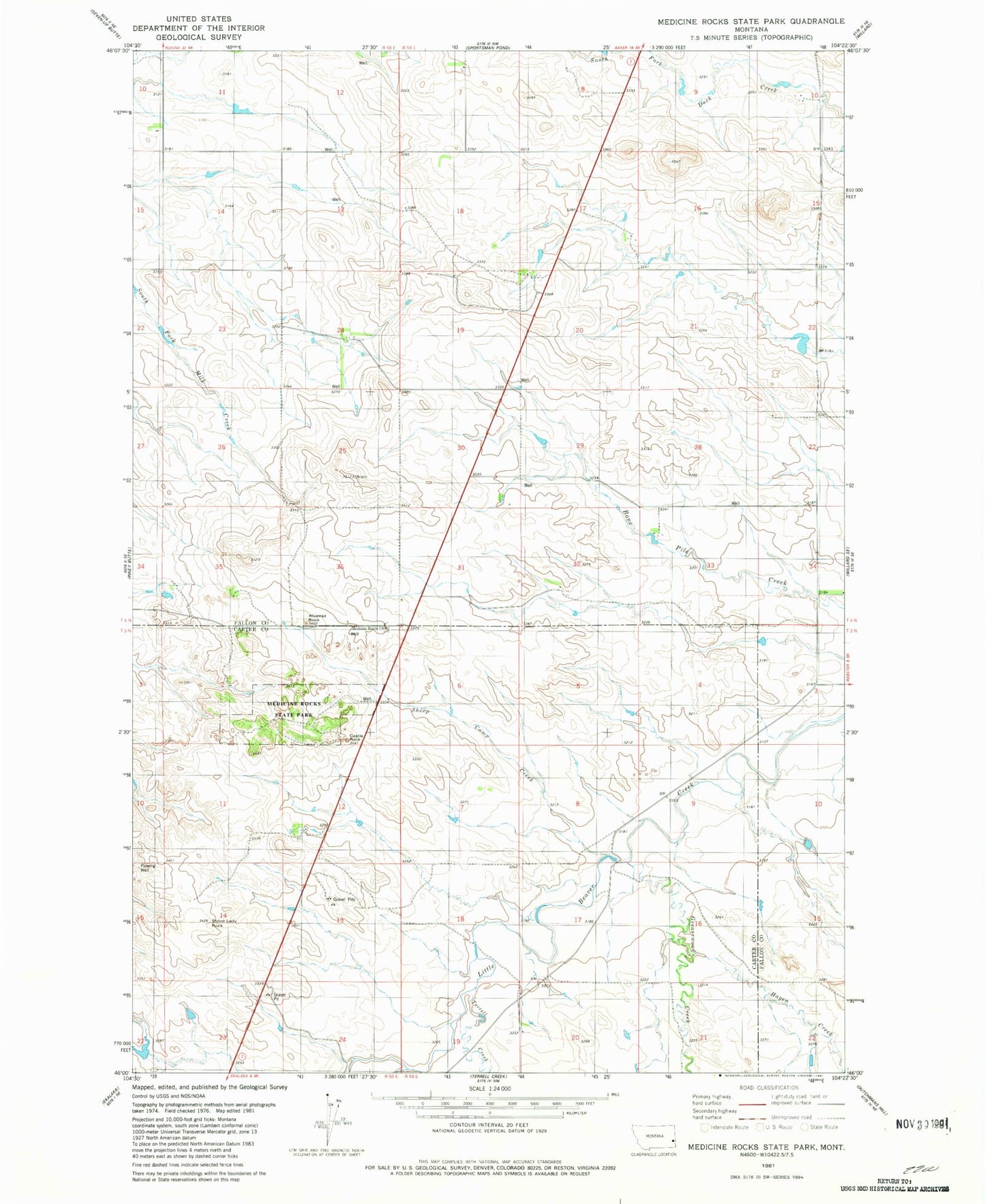 Classic USGS Medicine Rocks State Park Montana 7.5'x7.5' Topo Map Image
