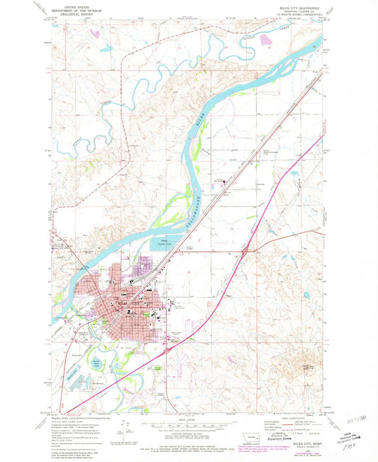 Classic USGS Miles City Montana 7.5'x7.5' Topo Map Image