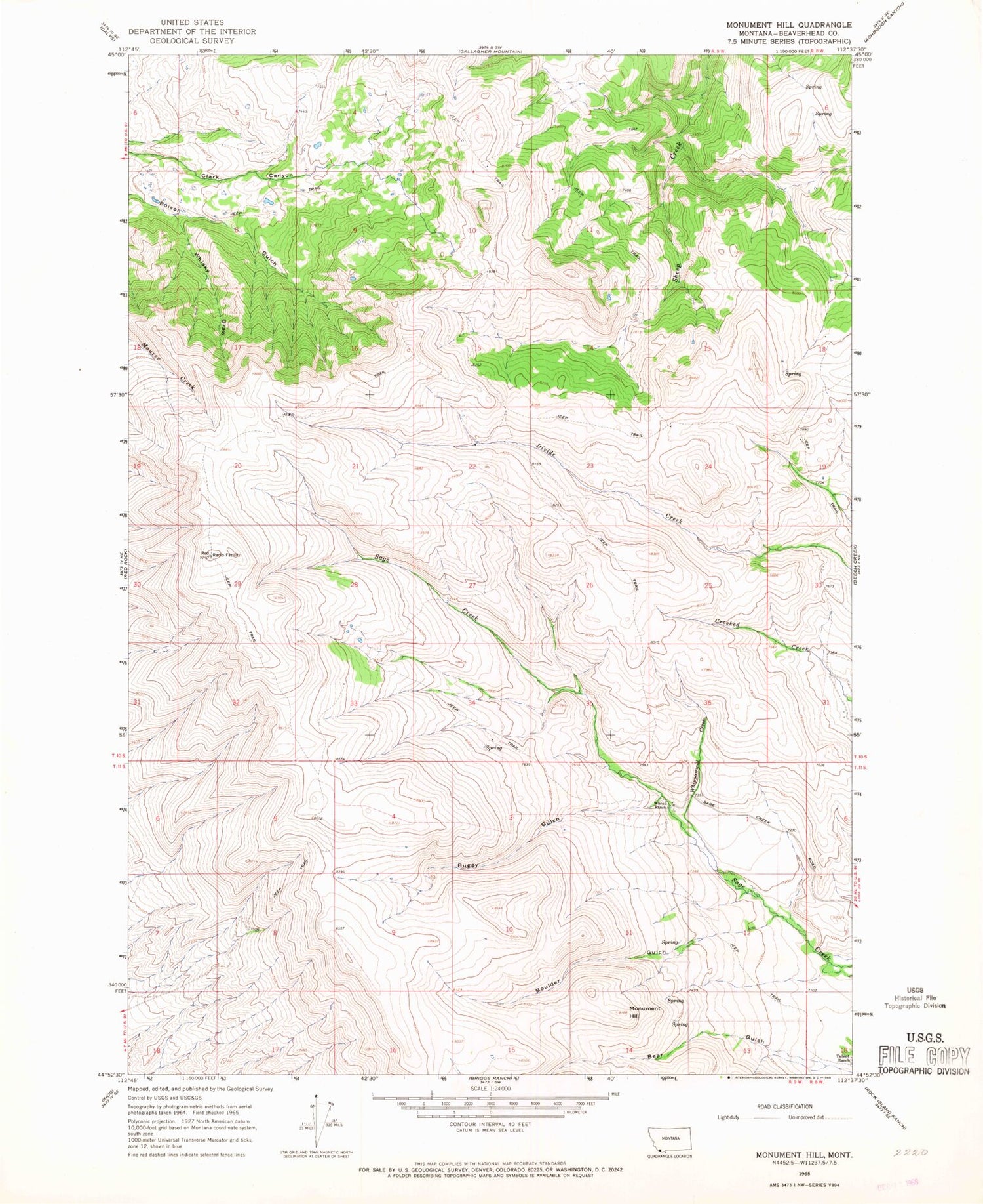 Classic USGS Monument Hill Montana 7.5'x7.5' Topo Map Image