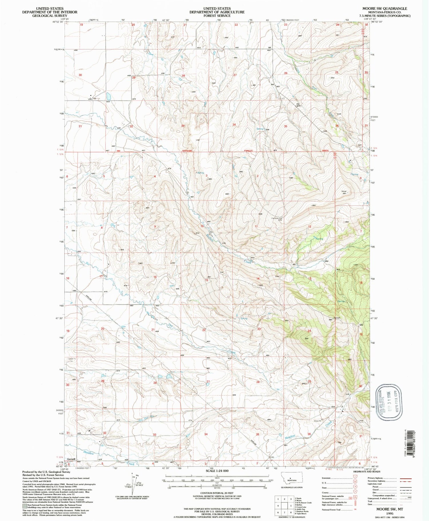 Classic USGS Moore SW Montana 7.5'x7.5' Topo Map Image