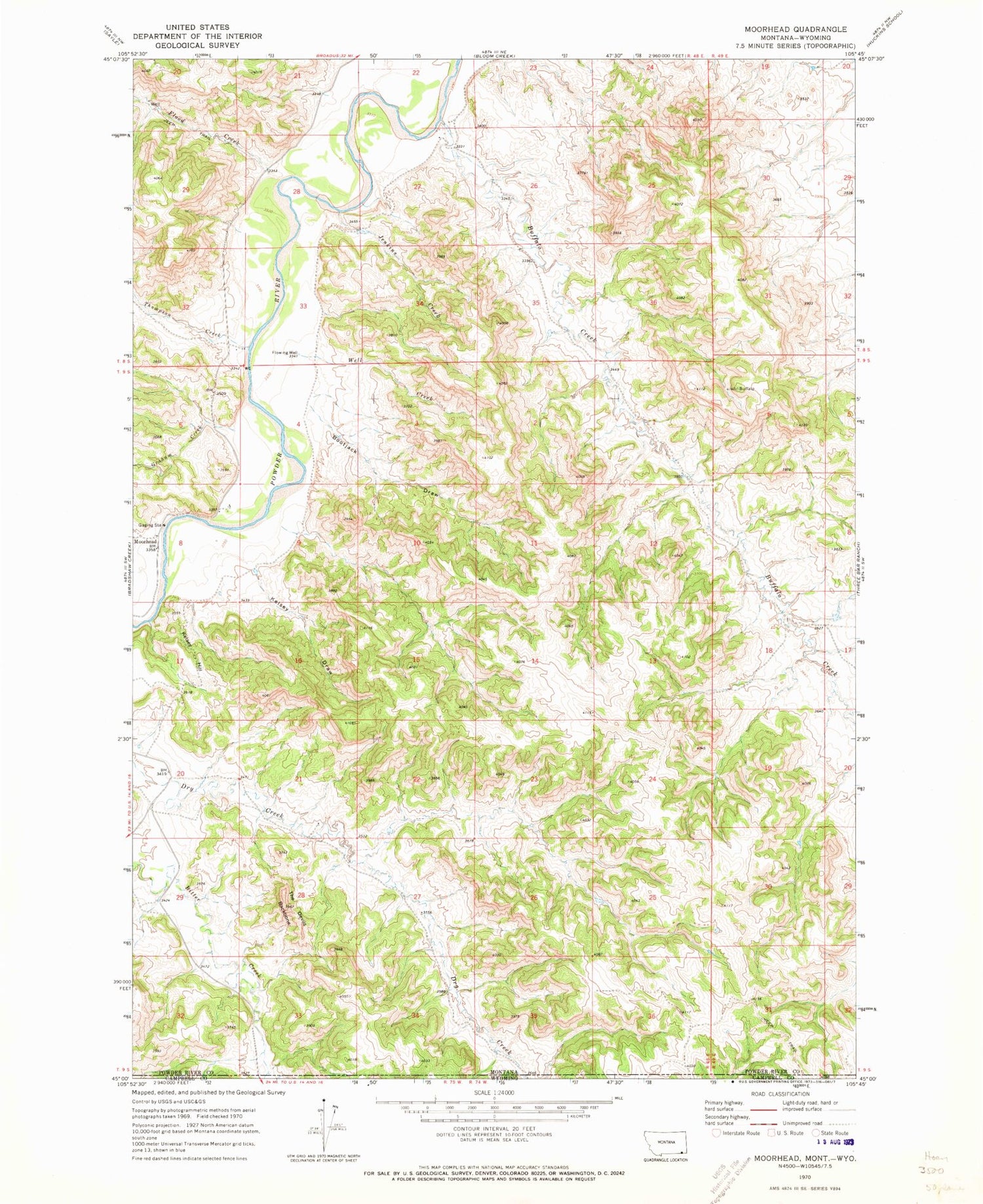 Classic USGS Moorhead Montana 7.5'x7.5' Topo Map Image