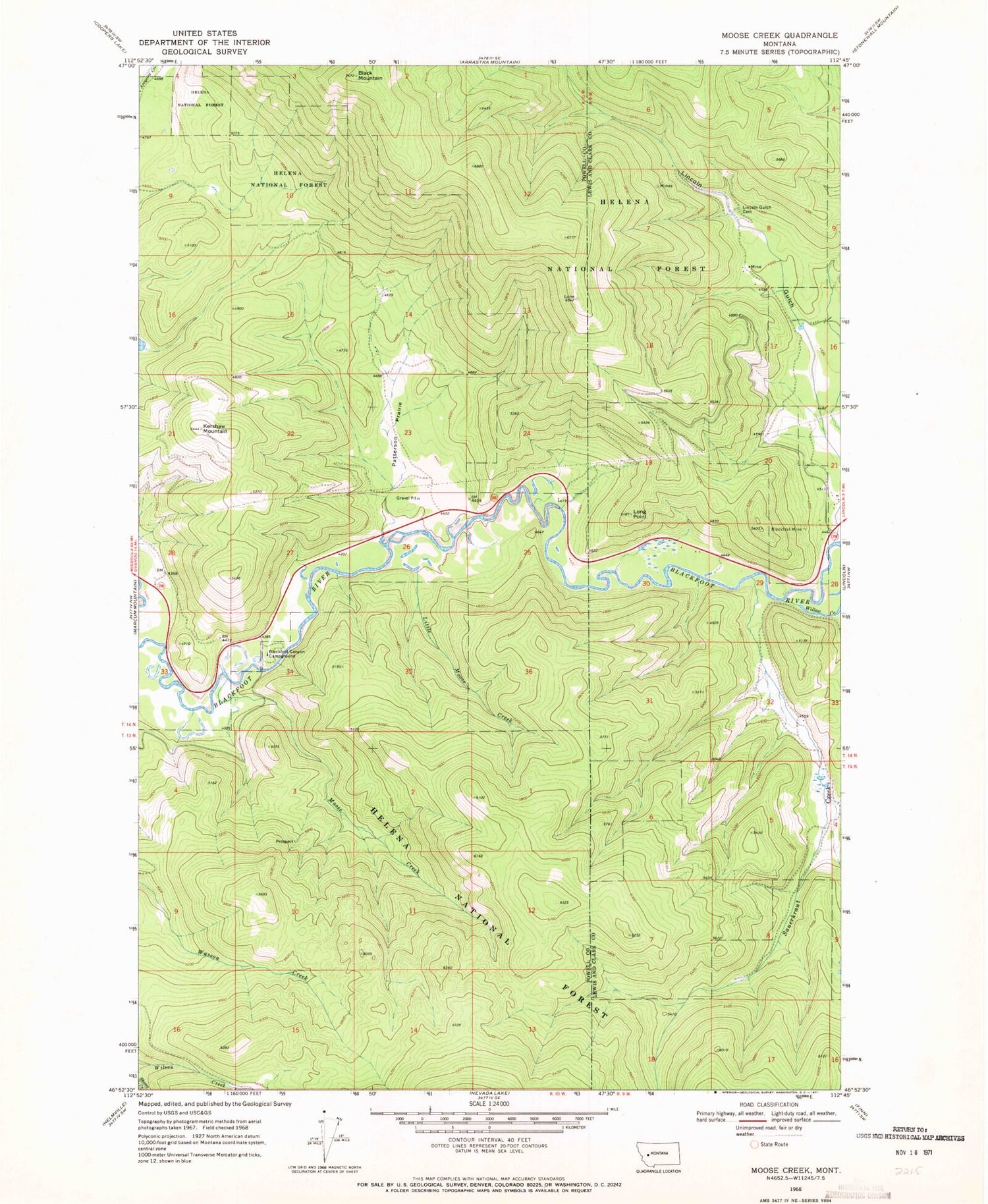 Classic USGS Moose Creek Montana 7.5'x7.5' Topo Map Image