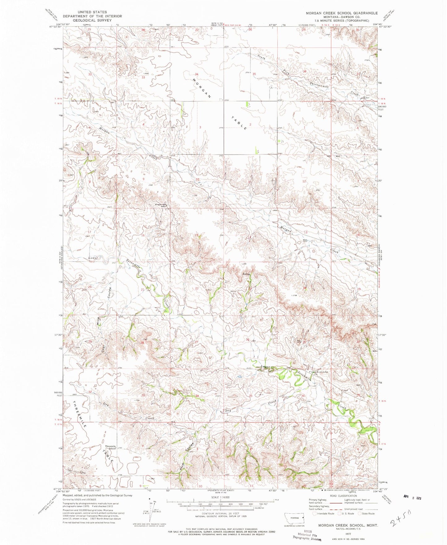 Classic USGS Morgan Creek School Montana 7.5'x7.5' Topo Map Image