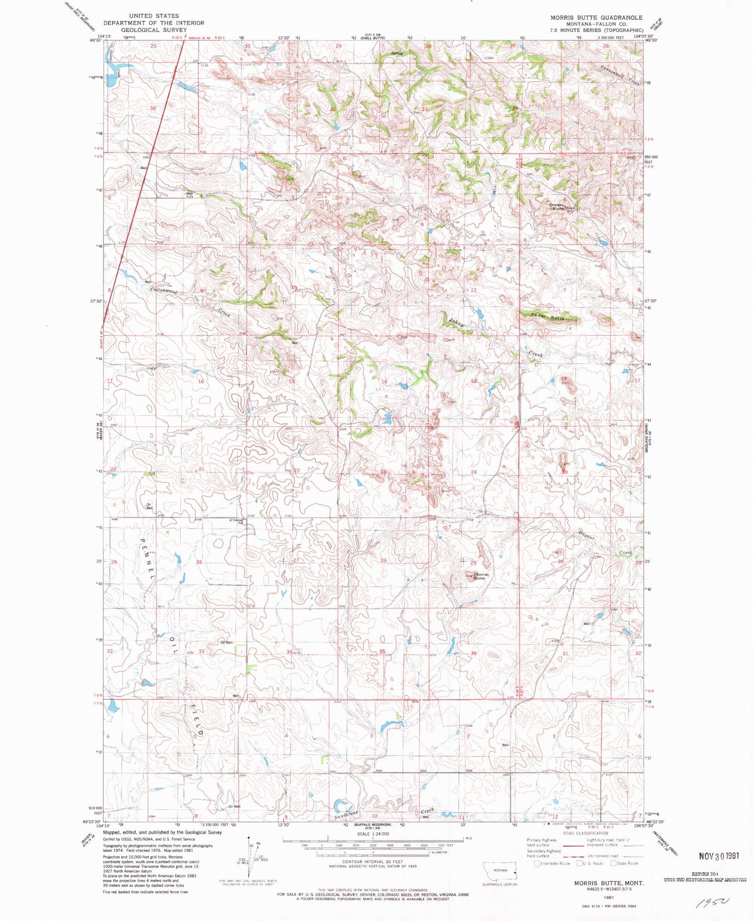 Classic USGS Morris Butte Montana 7.5'x7.5' Topo Map Image