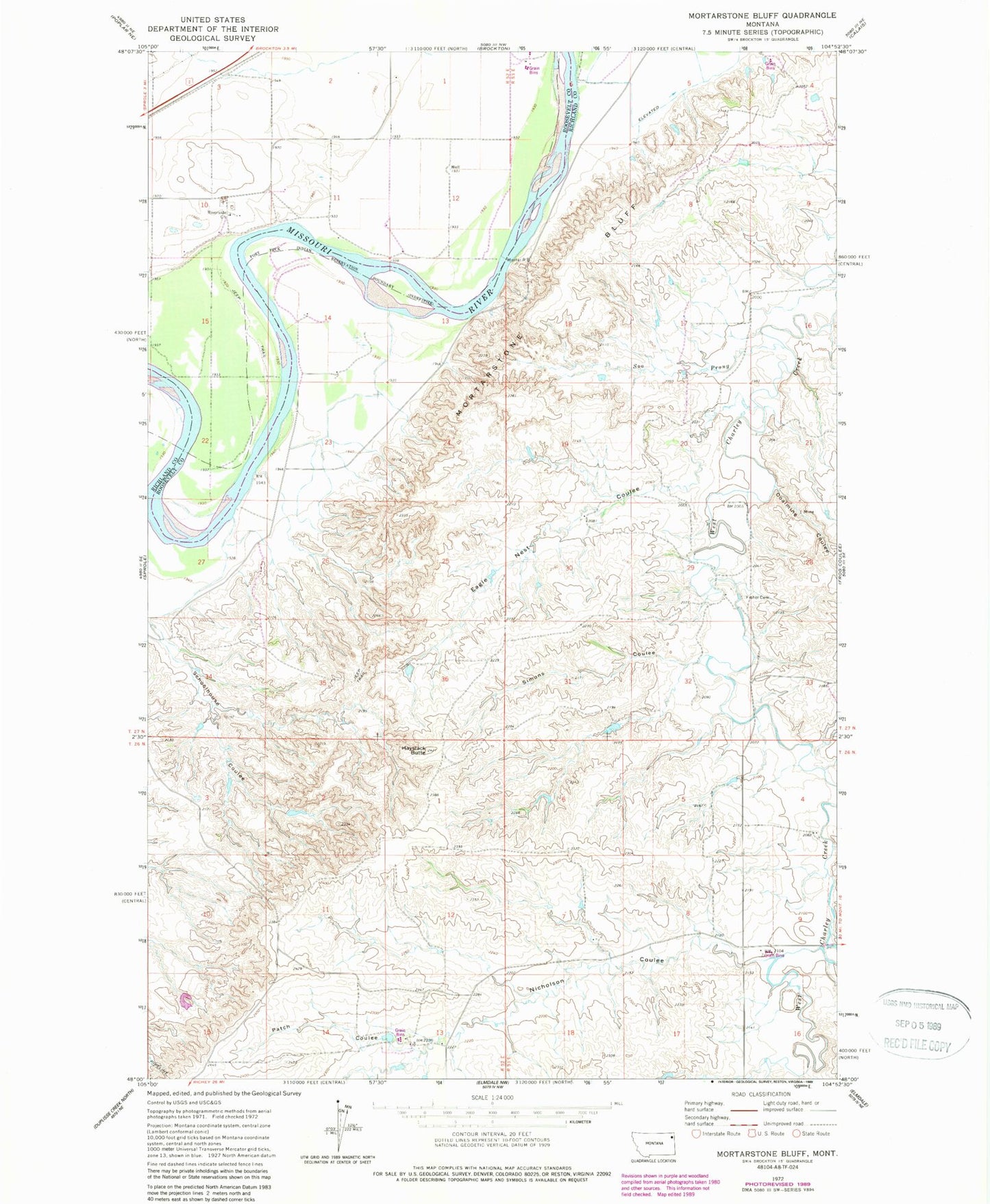 Classic USGS Mortarstone Bluff Montana 7.5'x7.5' Topo Map Image