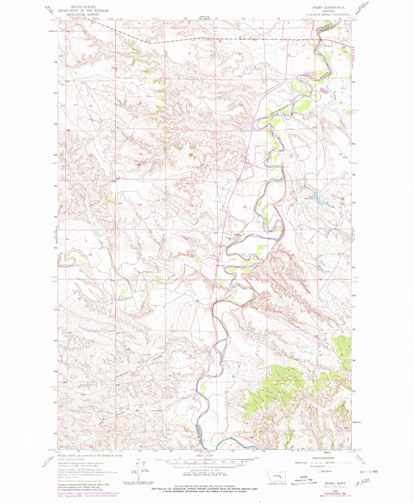 Classic USGS Mosby Montana 7.5'x7.5' Topo Map Image