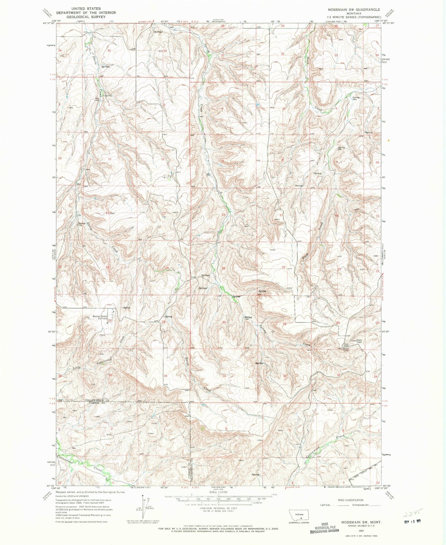 Classic USGS Mossmain SW Montana 7.5'x7.5' Topo Map Image