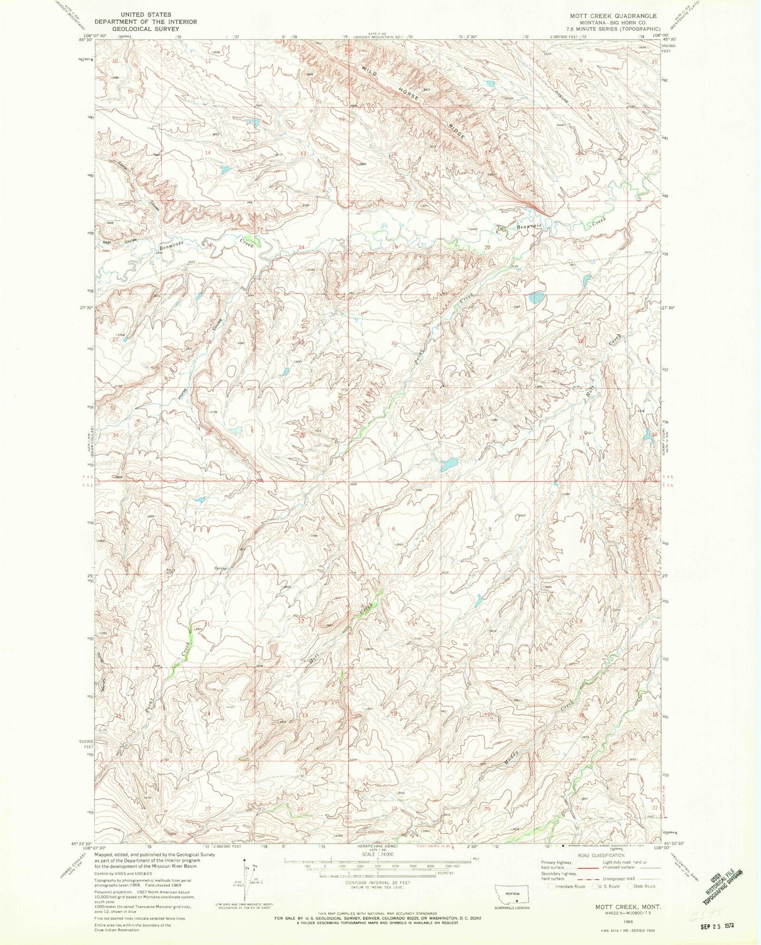 Classic USGS Mott Creek Montana 7.5'x7.5' Topo Map Image