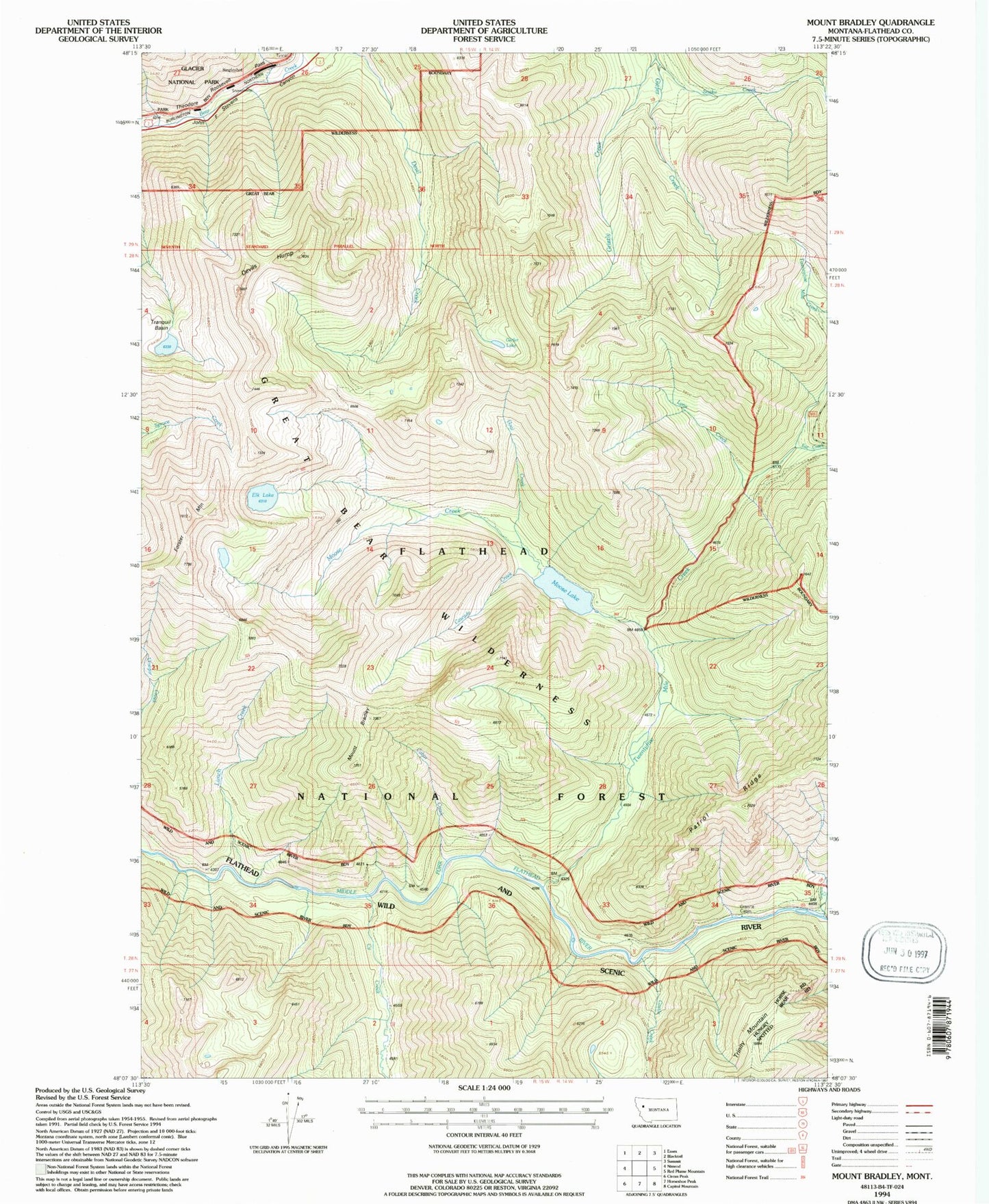 Classic USGS Mount Bradley Montana 7.5'x7.5' Topo Map Image
