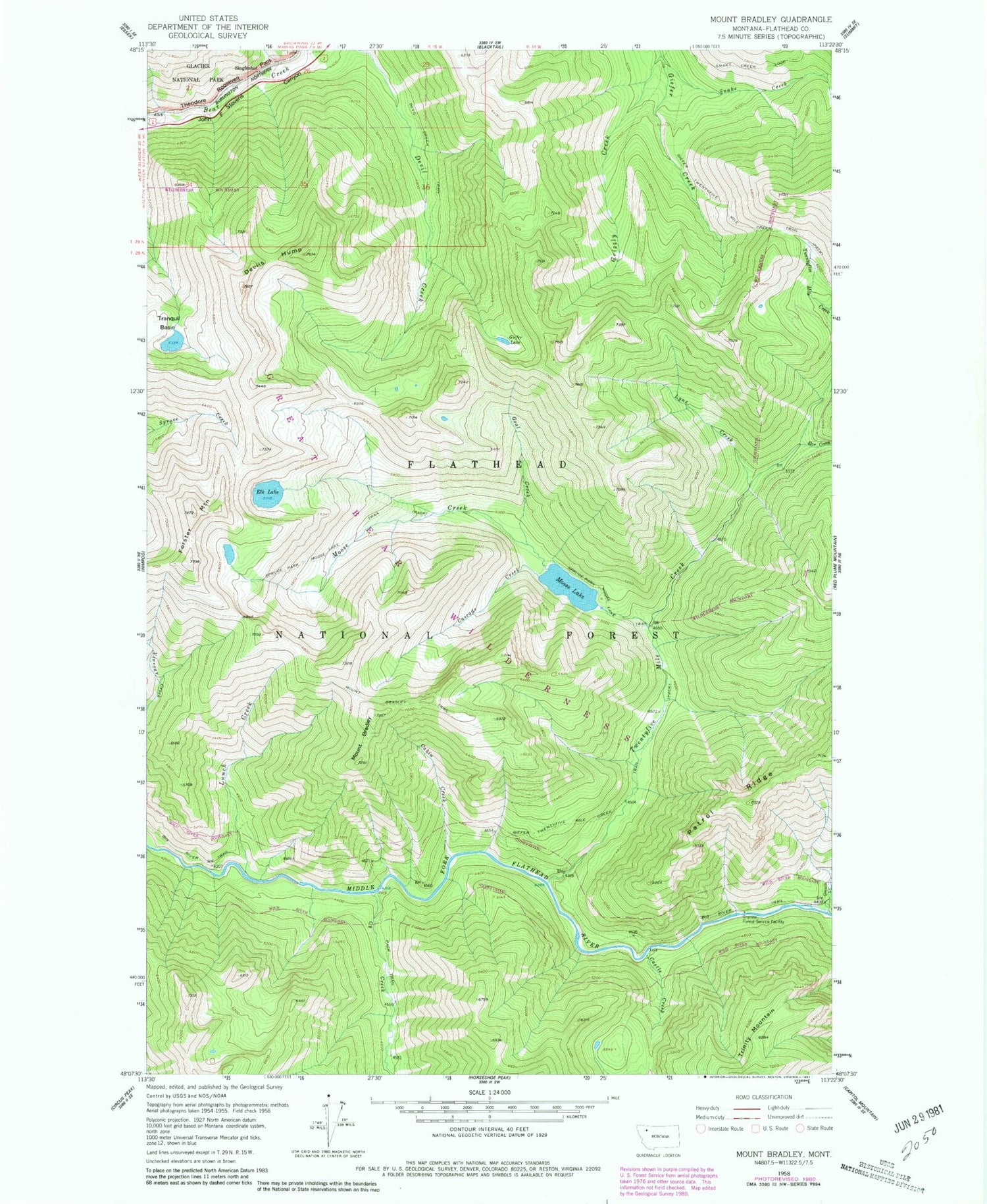 Classic USGS Mount Bradley Montana 7.5'x7.5' Topo Map Image