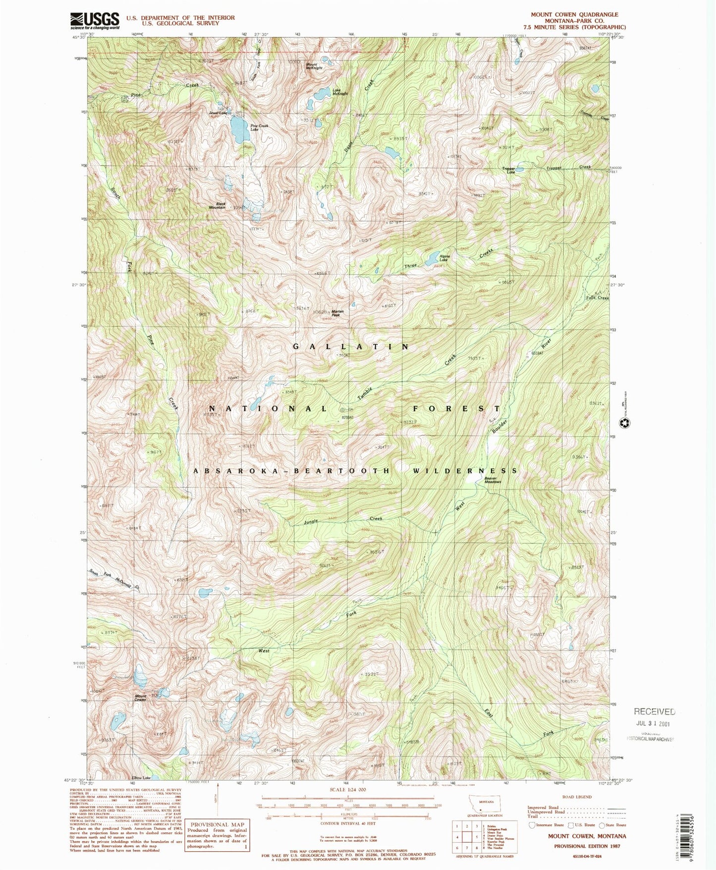 Classic USGS Mount Cowen Montana 7.5'x7.5' Topo Map Image