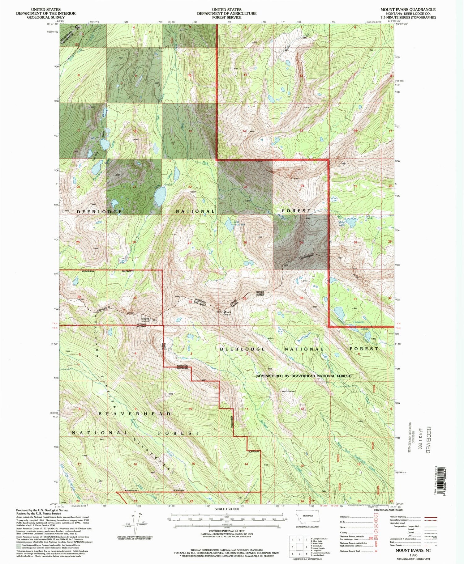 Classic USGS Mount Evans Montana 7.5'x7.5' Topo Map Image