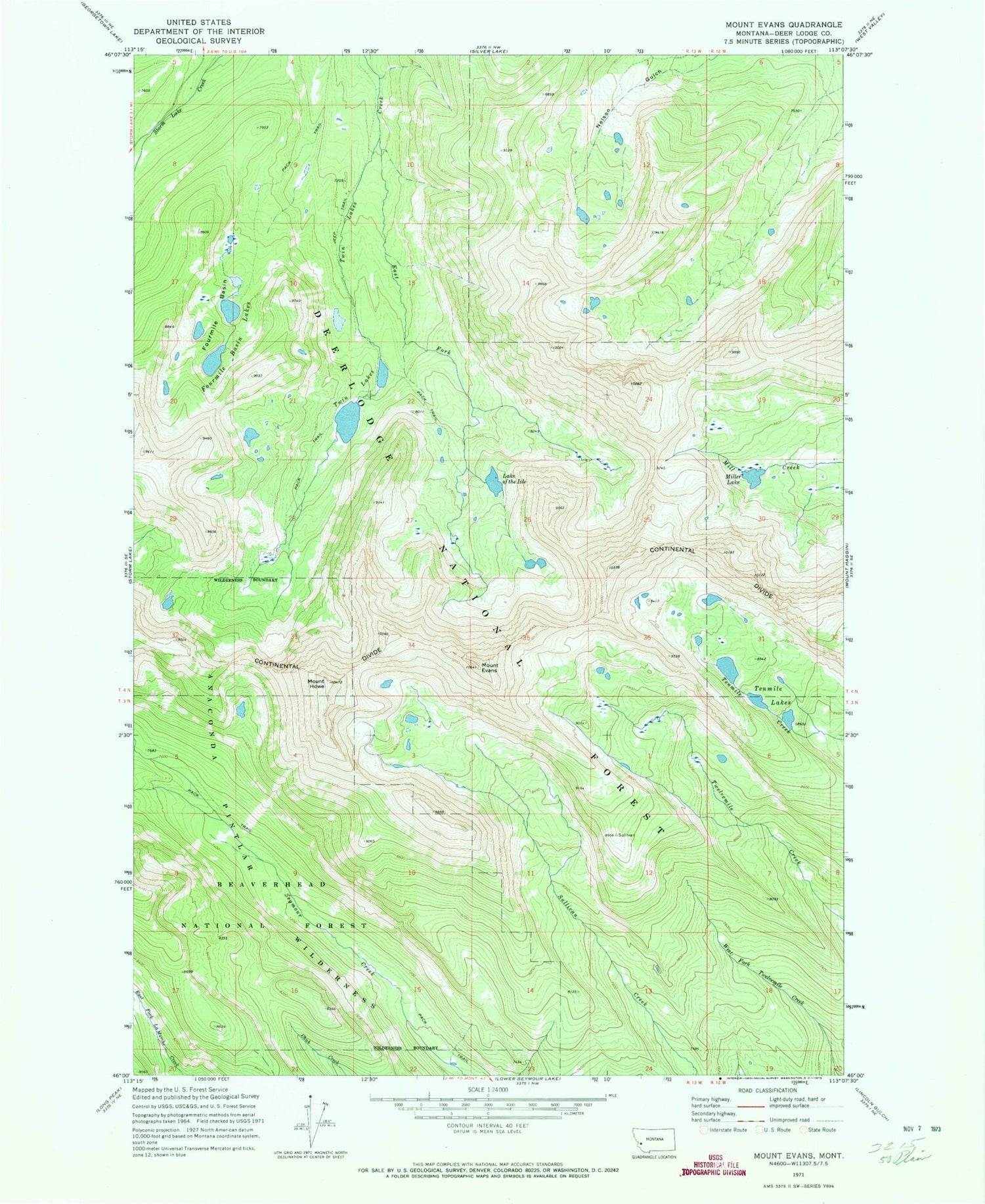 Classic USGS Mount Evans Montana 7.5'x7.5' Topo Map Image