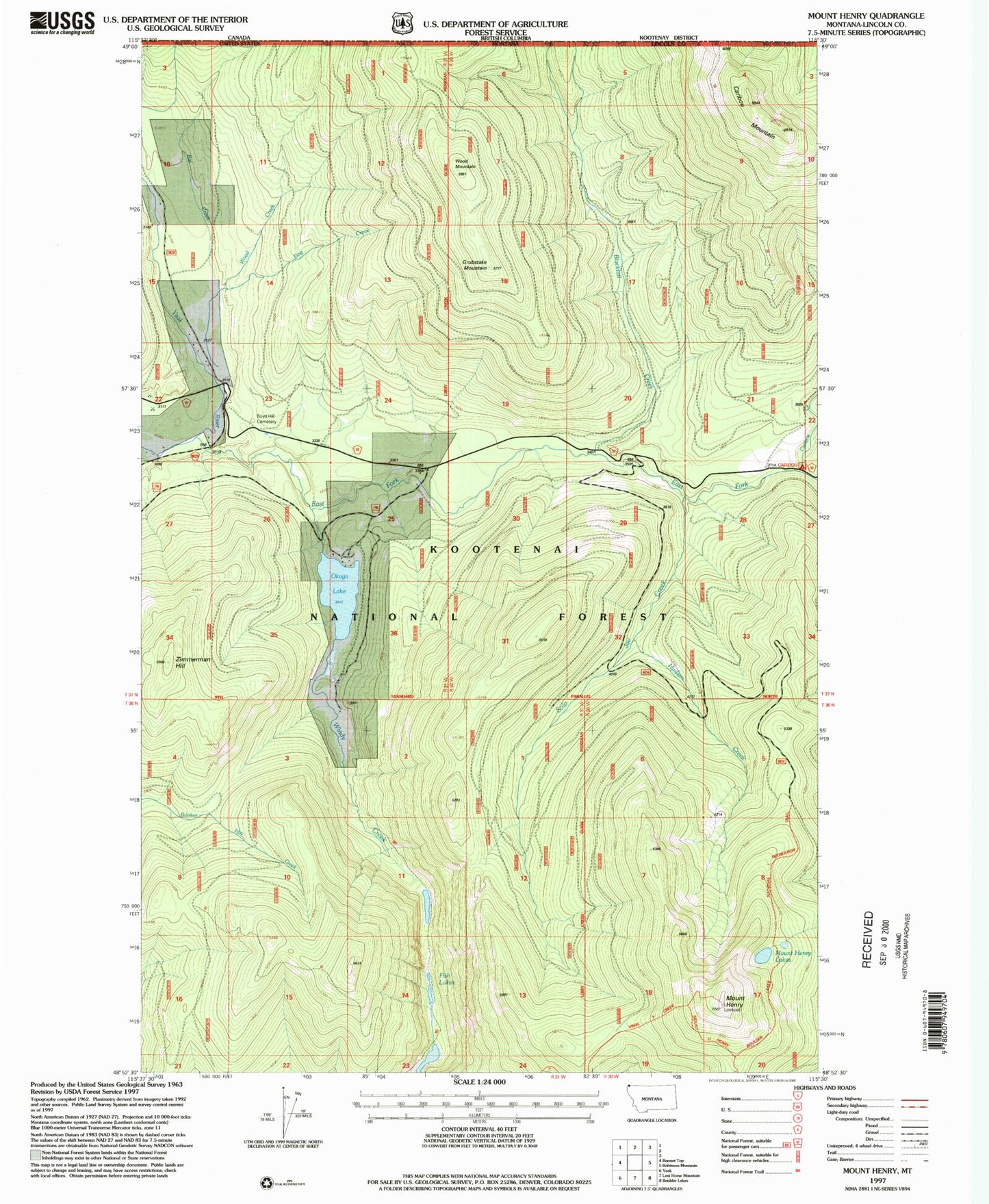 Classic USGS Mount Henry Montana 7.5'x7.5' Topo Map Image