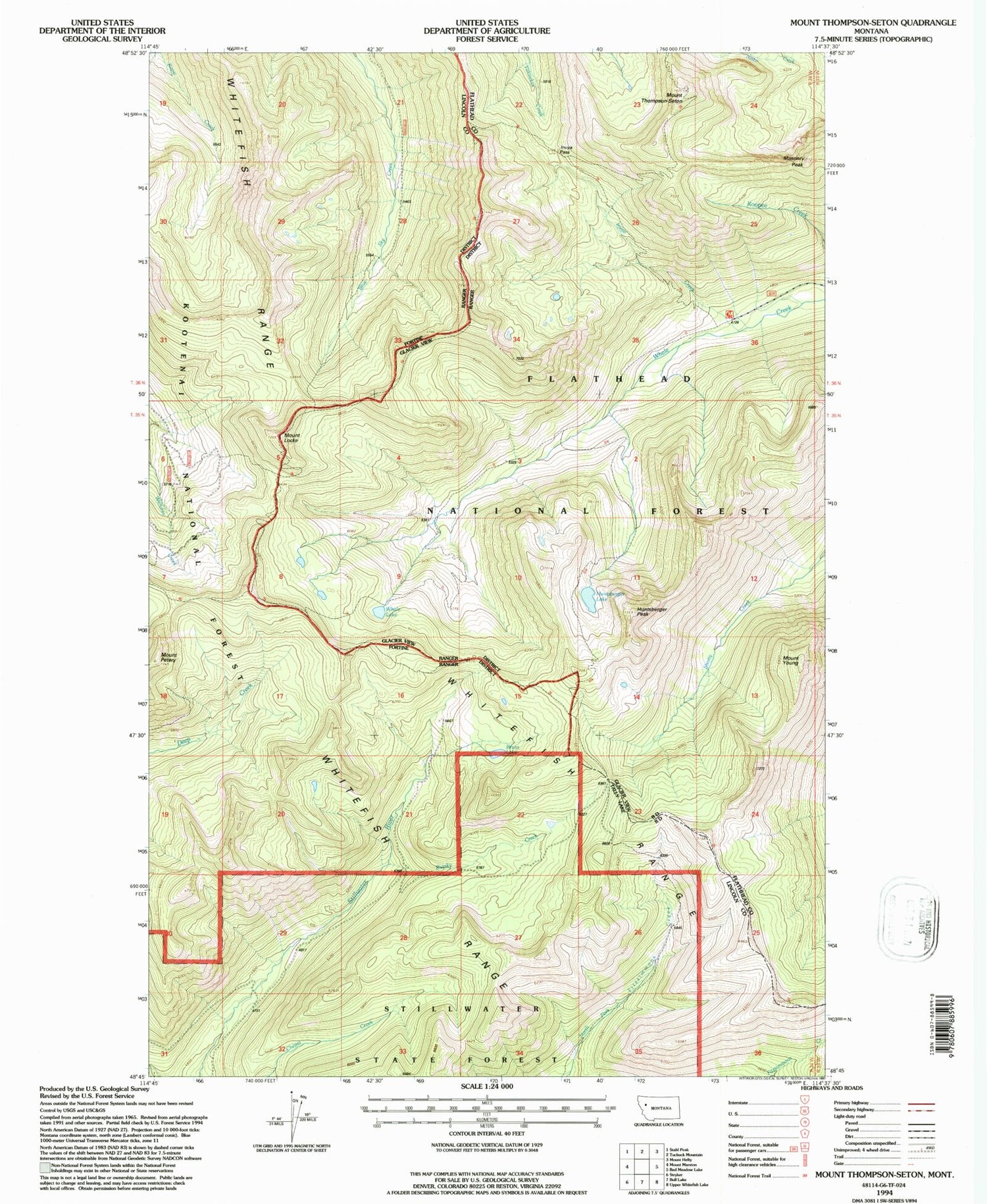 Classic USGS Mount Thompson-Seton Montana 7.5'x7.5' Topo Map Image