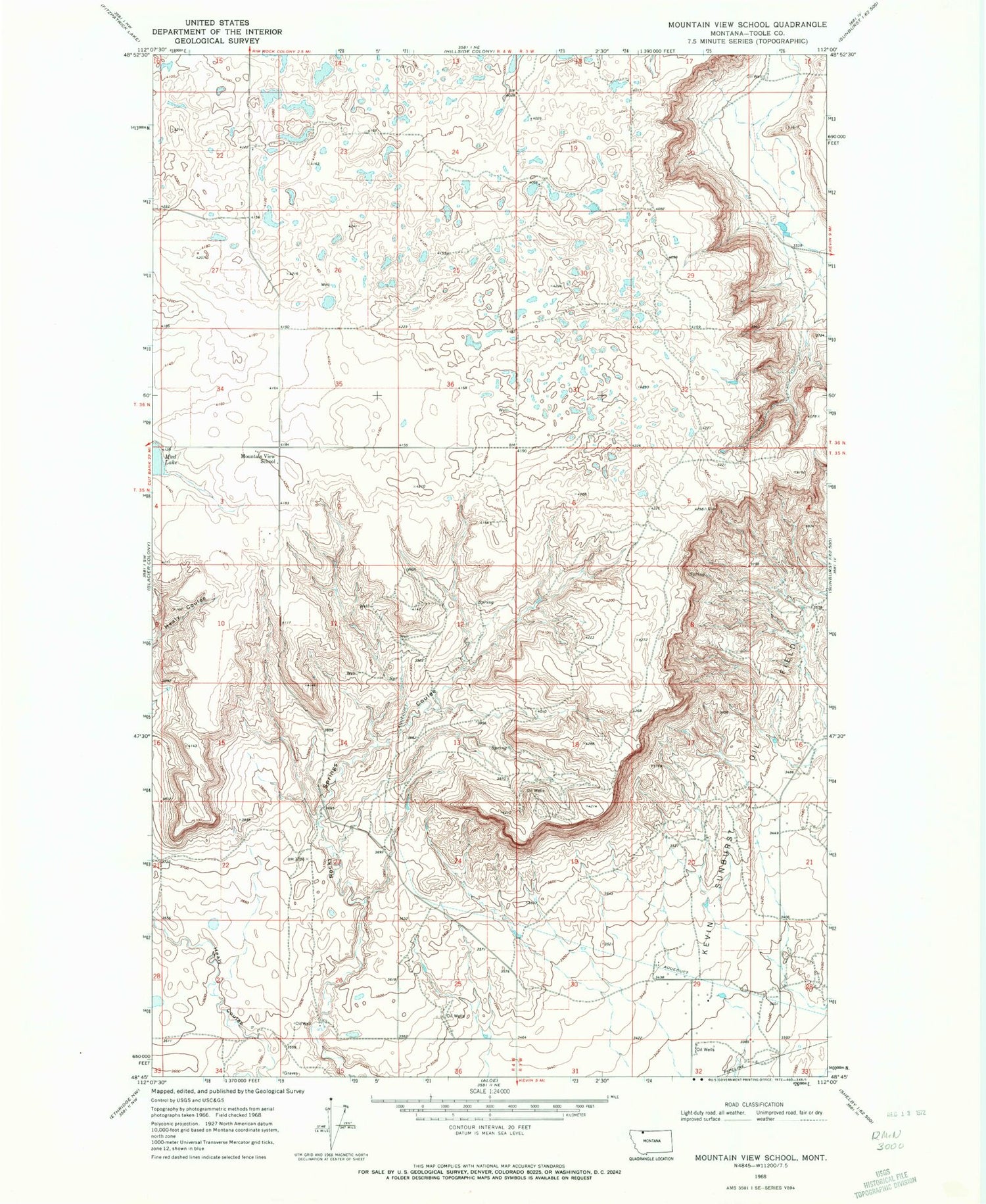 Classic USGS Mountain View School Montana 7.5'x7.5' Topo Map Image
