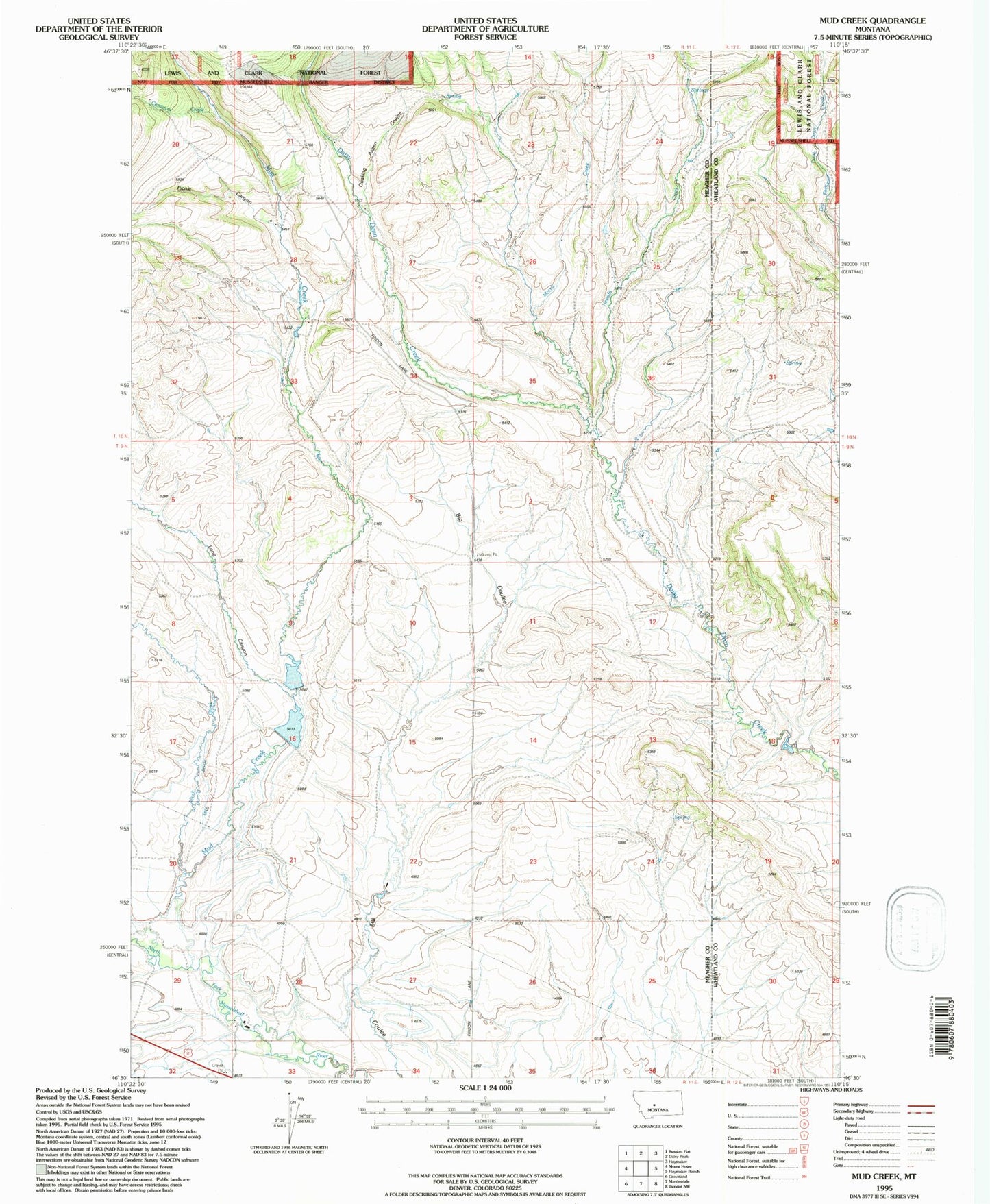 Classic USGS Mud Creek Montana 7.5'x7.5' Topo Map Image