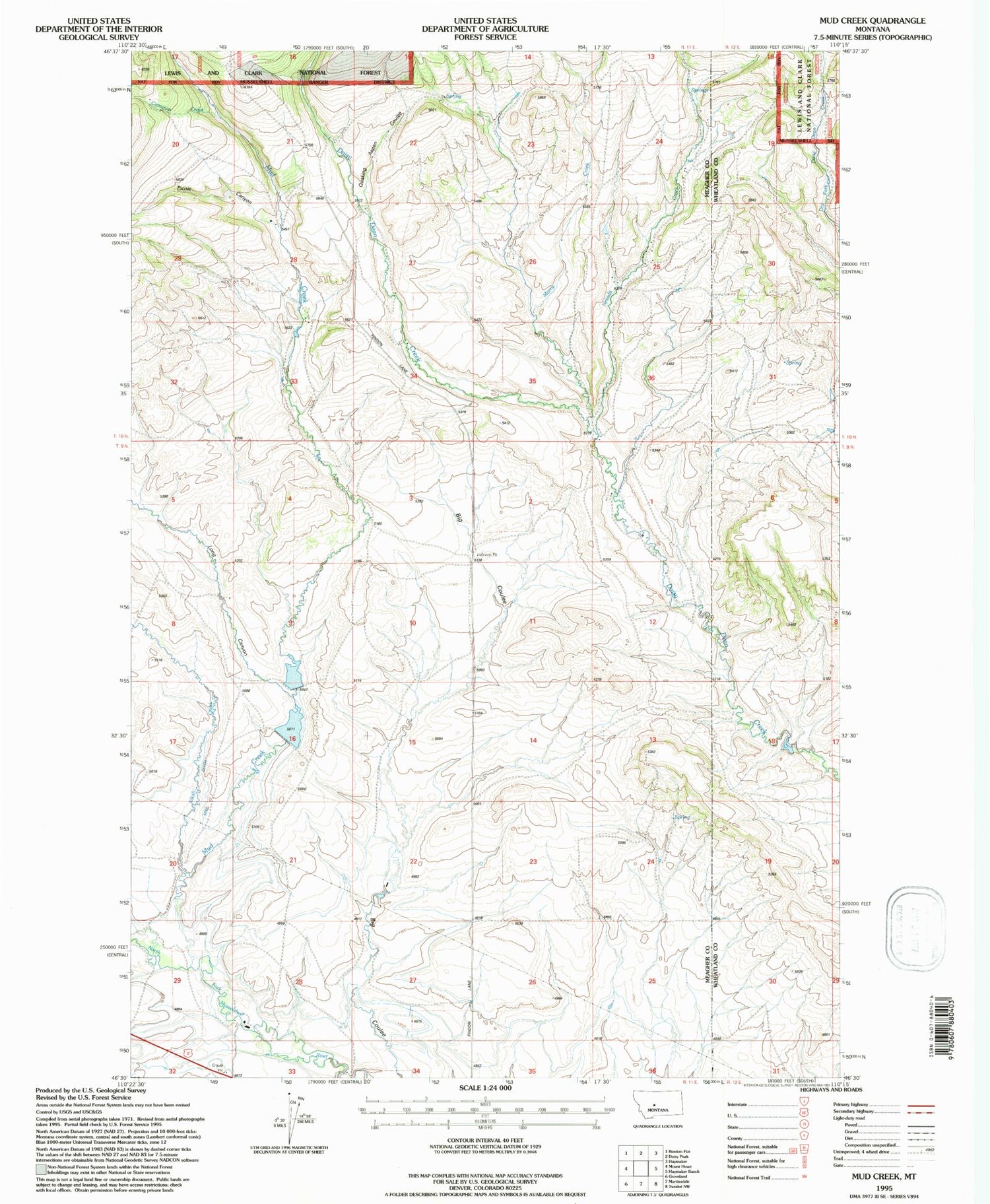 Classic USGS Mud Creek Montana 7.5'x7.5' Topo Map Image