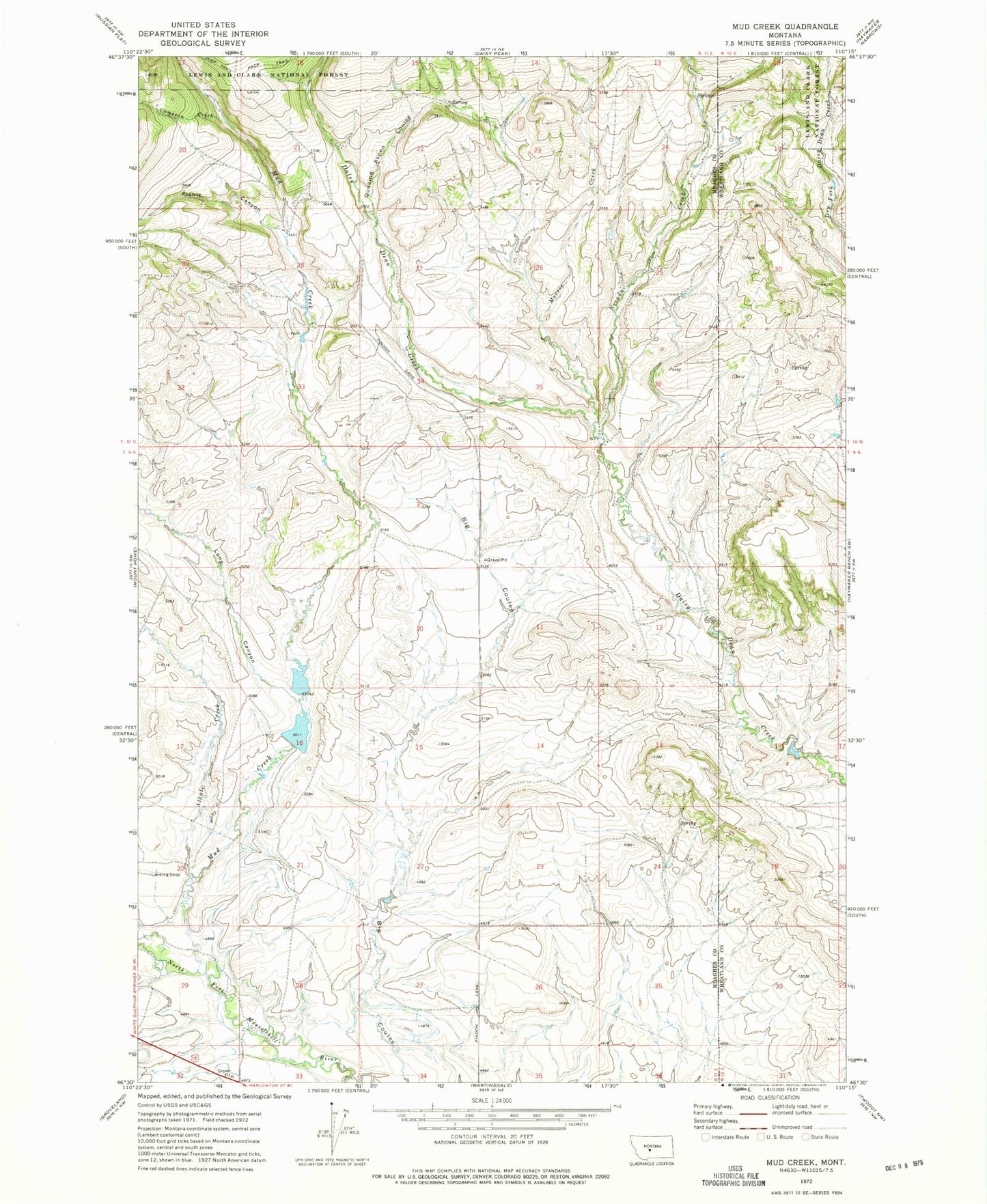 Classic USGS Mud Creek Montana 7.5'x7.5' Topo Map Image