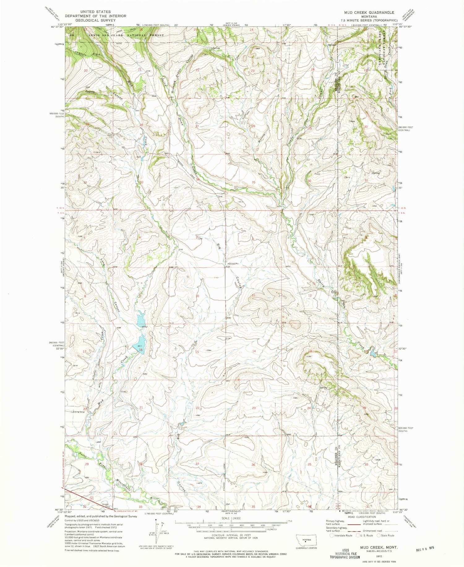 Classic USGS Mud Creek Montana 7.5'x7.5' Topo Map Image