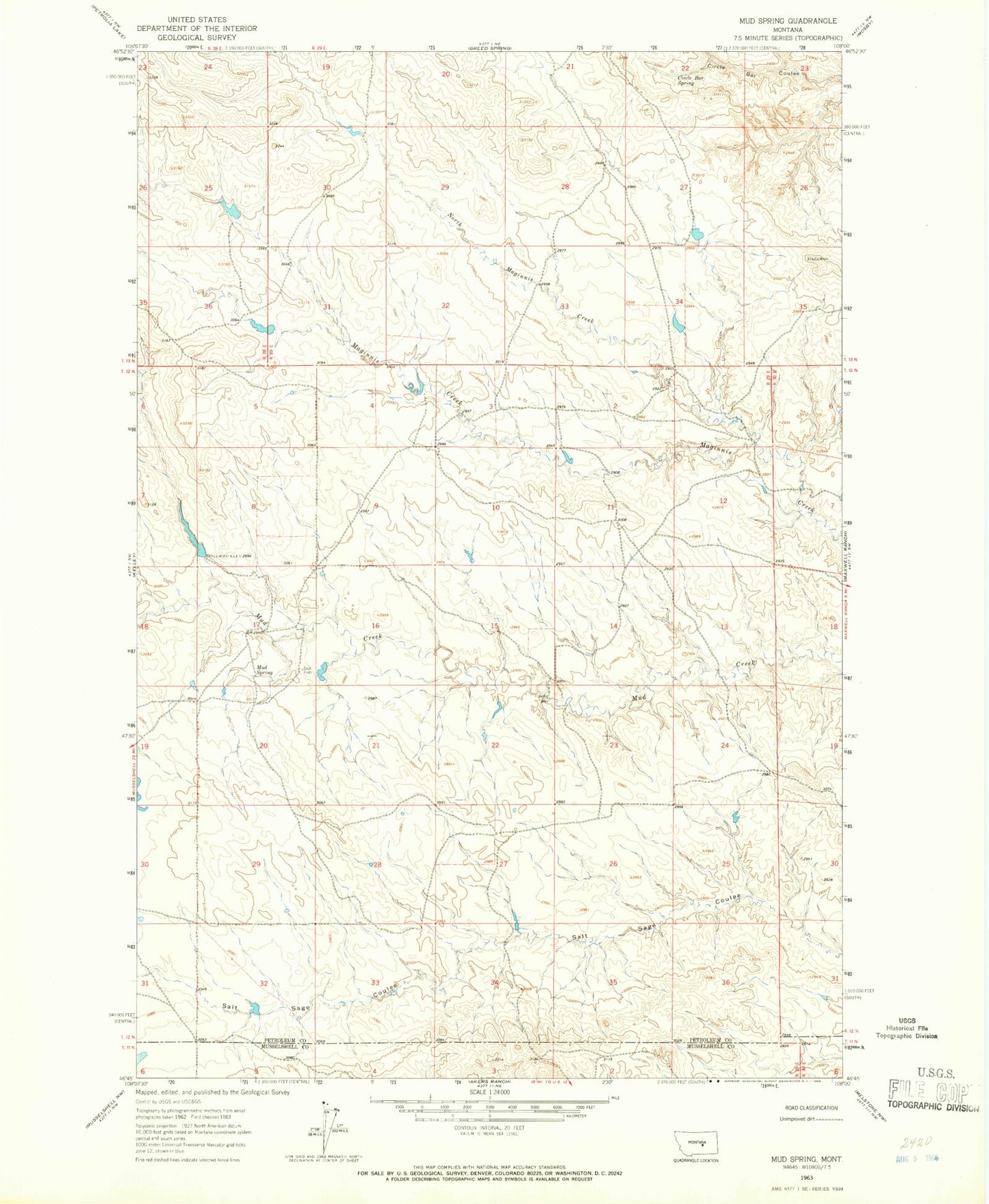 Classic USGS Mud Spring Montana 7.5'x7.5' Topo Map Image