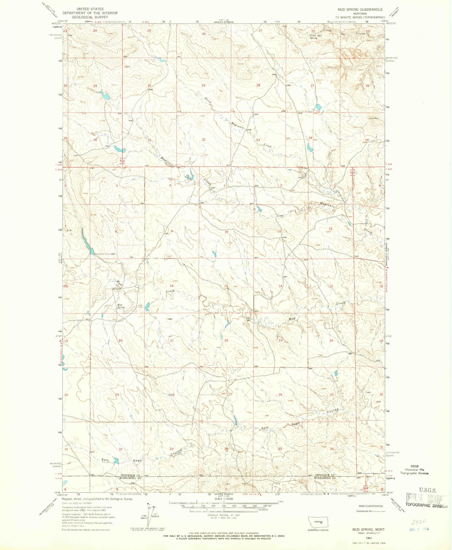 Classic USGS Mud Spring Montana 7.5'x7.5' Topo Map Image