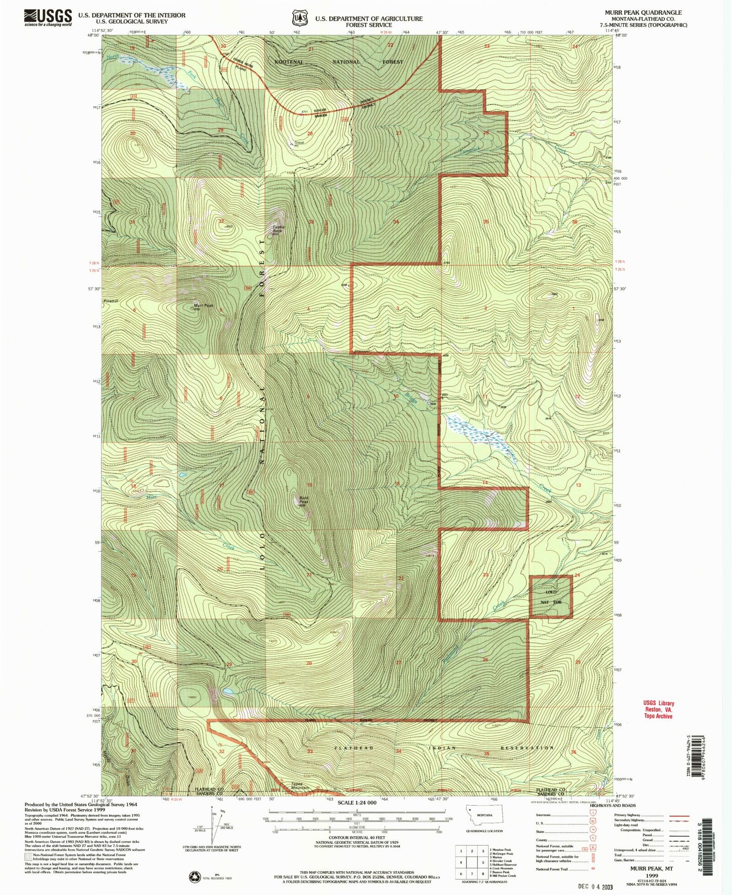 Classic USGS Murr Peak Montana 7.5'x7.5' Topo Map Image