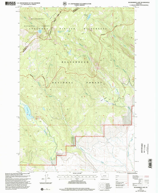 Classic USGS Mussigbrod Lake Montana 7.5'x7.5' Topo Map Image
