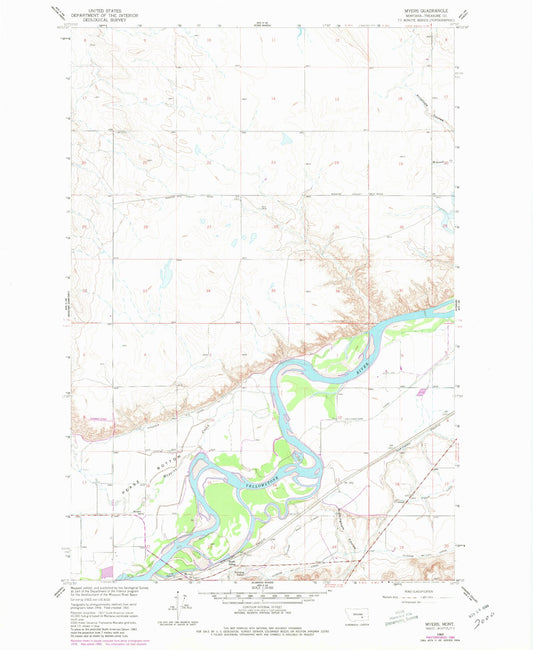 Classic USGS Myers Montana 7.5'x7.5' Topo Map Image