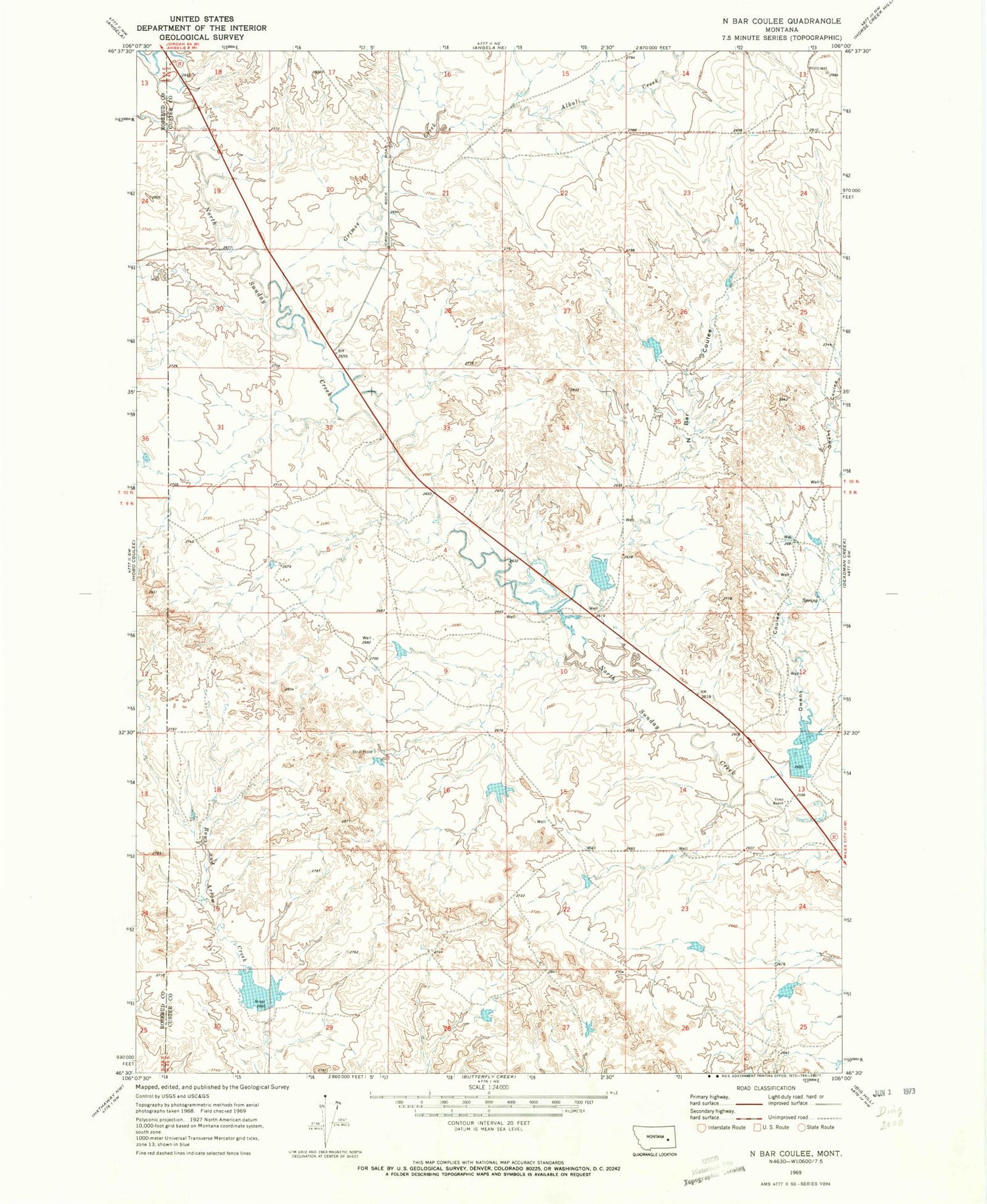 Classic USGS N Bar Coulee Montana 7.5'x7.5' Topo Map Image
