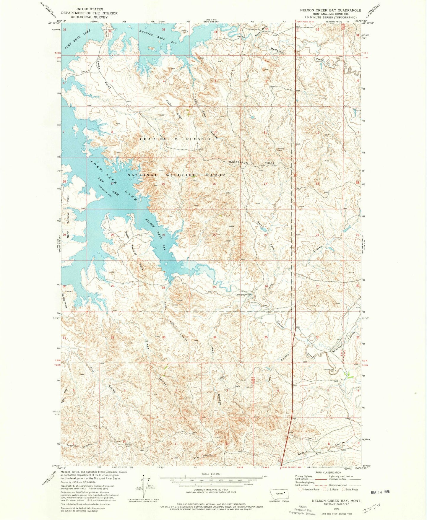 Classic USGS Nelson Creek Bay Montana 7.5'x7.5' Topo Map Image